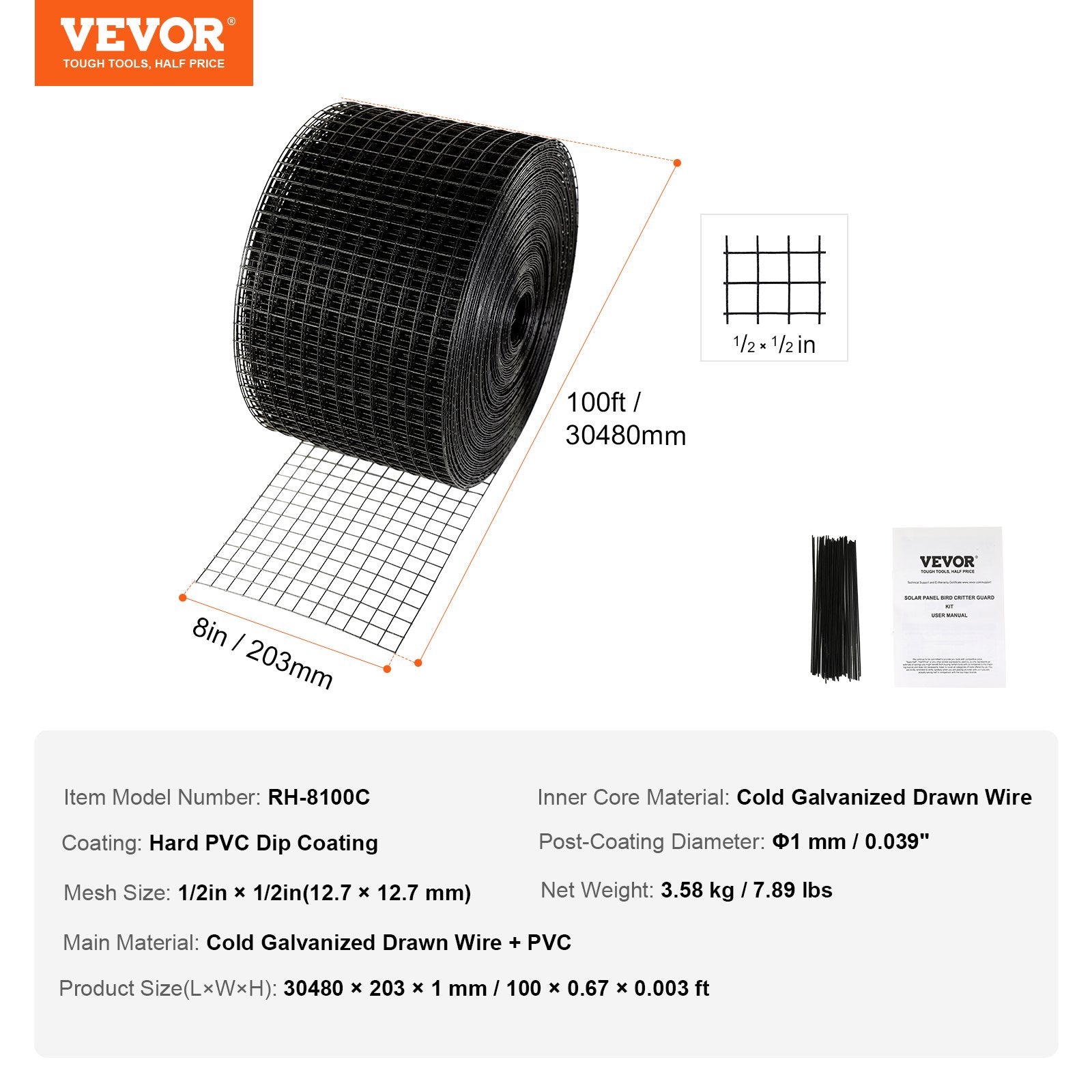 Solar Panel Bird Guard 8in x 100ft Critter Guard Roll Kit 50 Tire Wires PVC