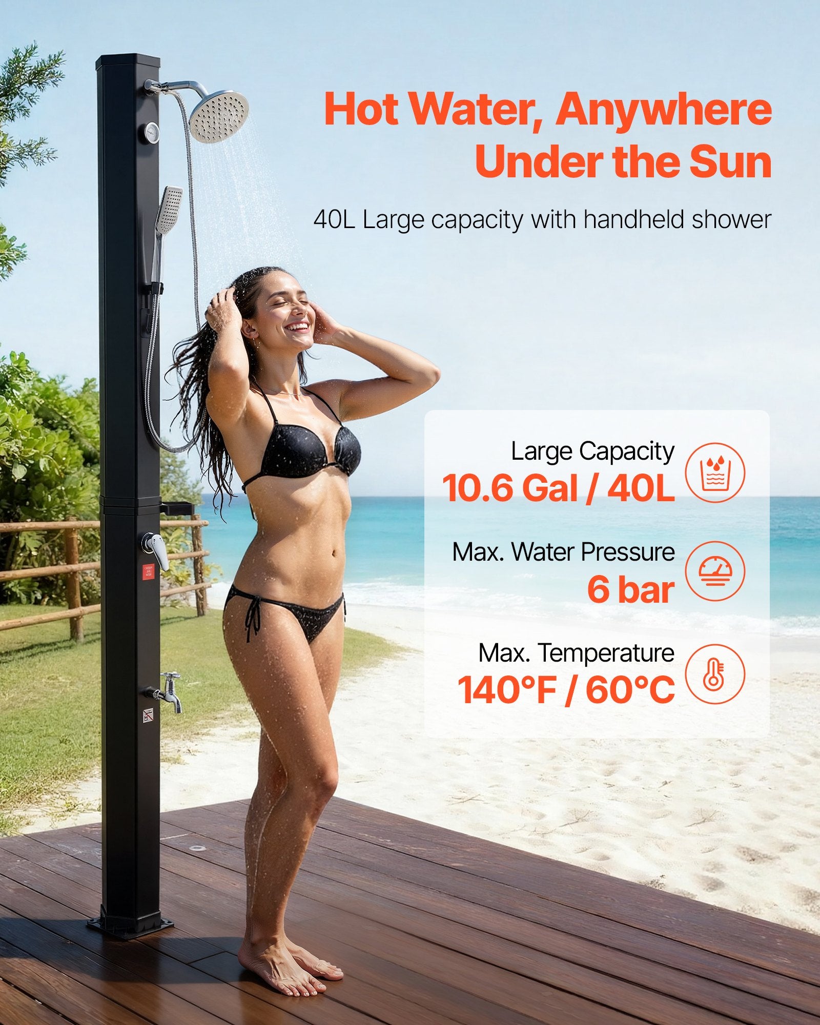 40L Solar Heated Outdoor Shower with Handheld & Foot Faucet, Black, 205cm Height