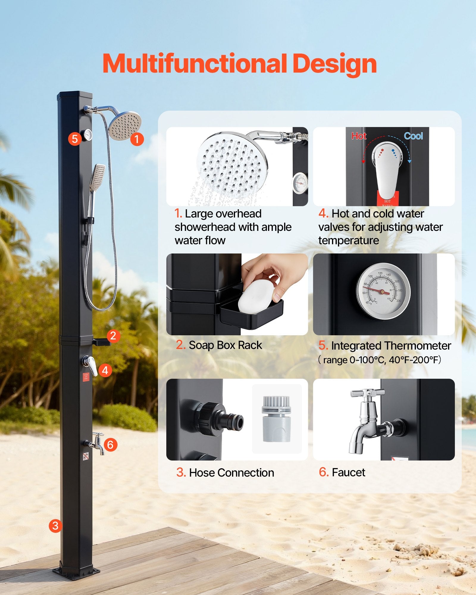 40L Solar Heated Outdoor Shower with Handheld & Foot Faucet, Black, 205cm Height