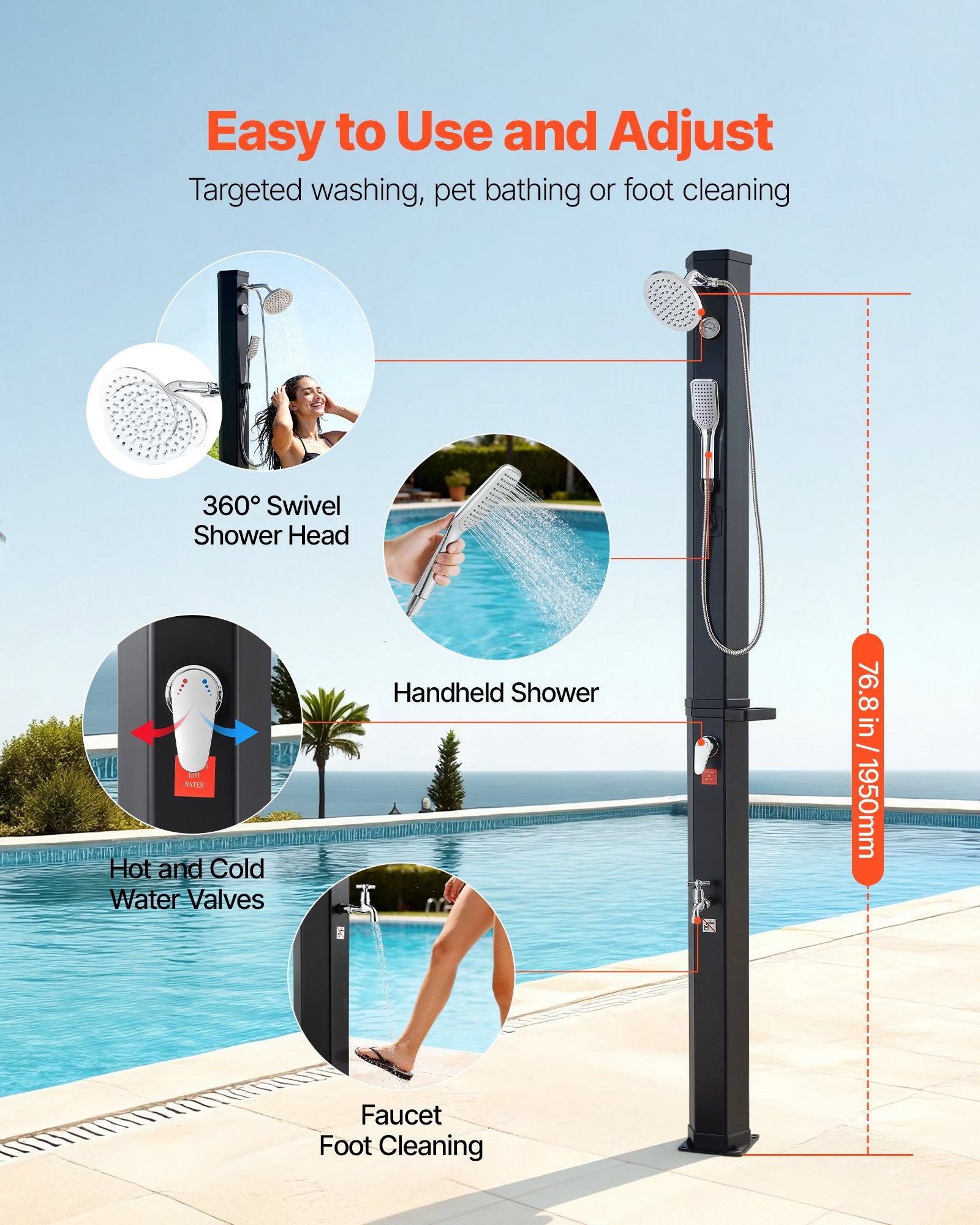 40L Solar Heated Outdoor Shower with Handheld & Foot Faucet, Black, 205cm Height