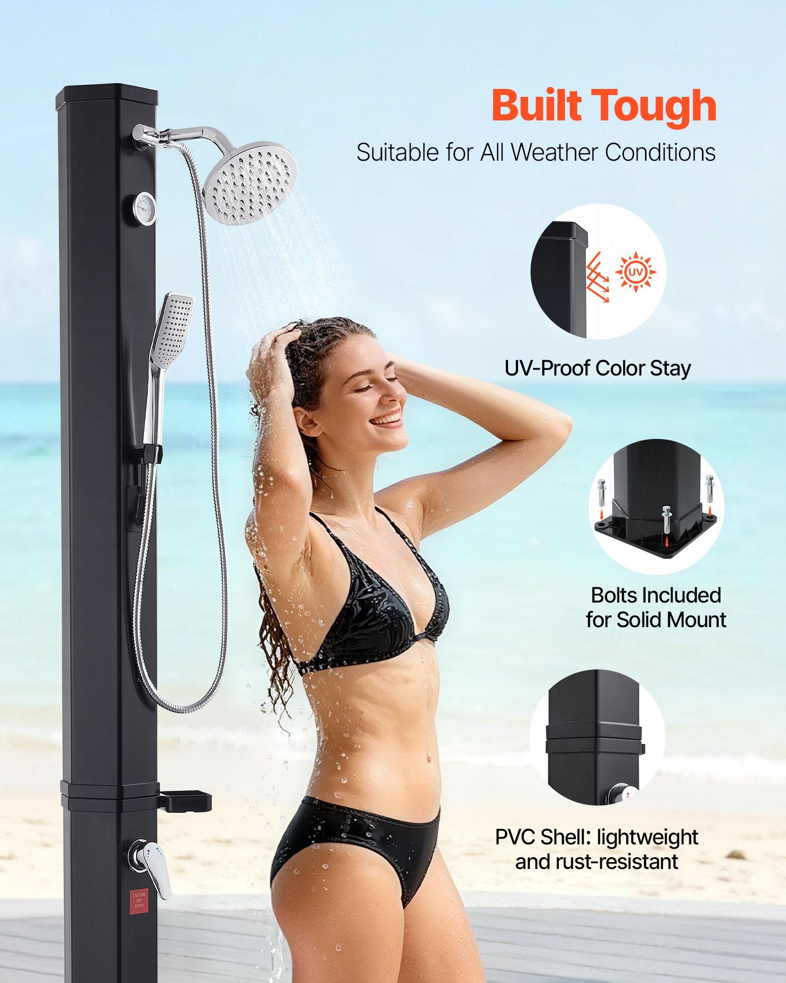 40L Solar Heated Outdoor Shower with Handheld & Foot Faucet, Black, 205cm Height