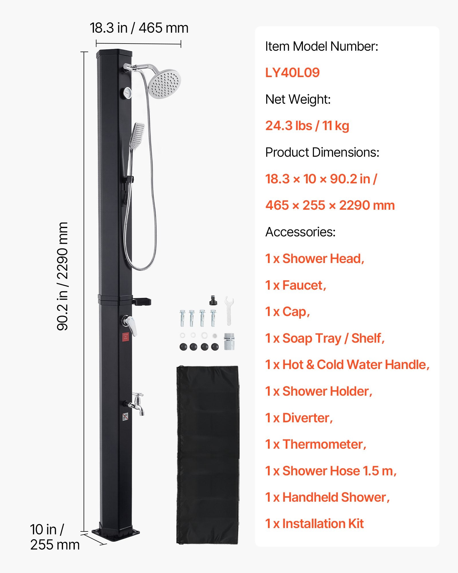40L Solar Heated Outdoor Shower with Handheld & Foot Faucet, Black, 205cm Height