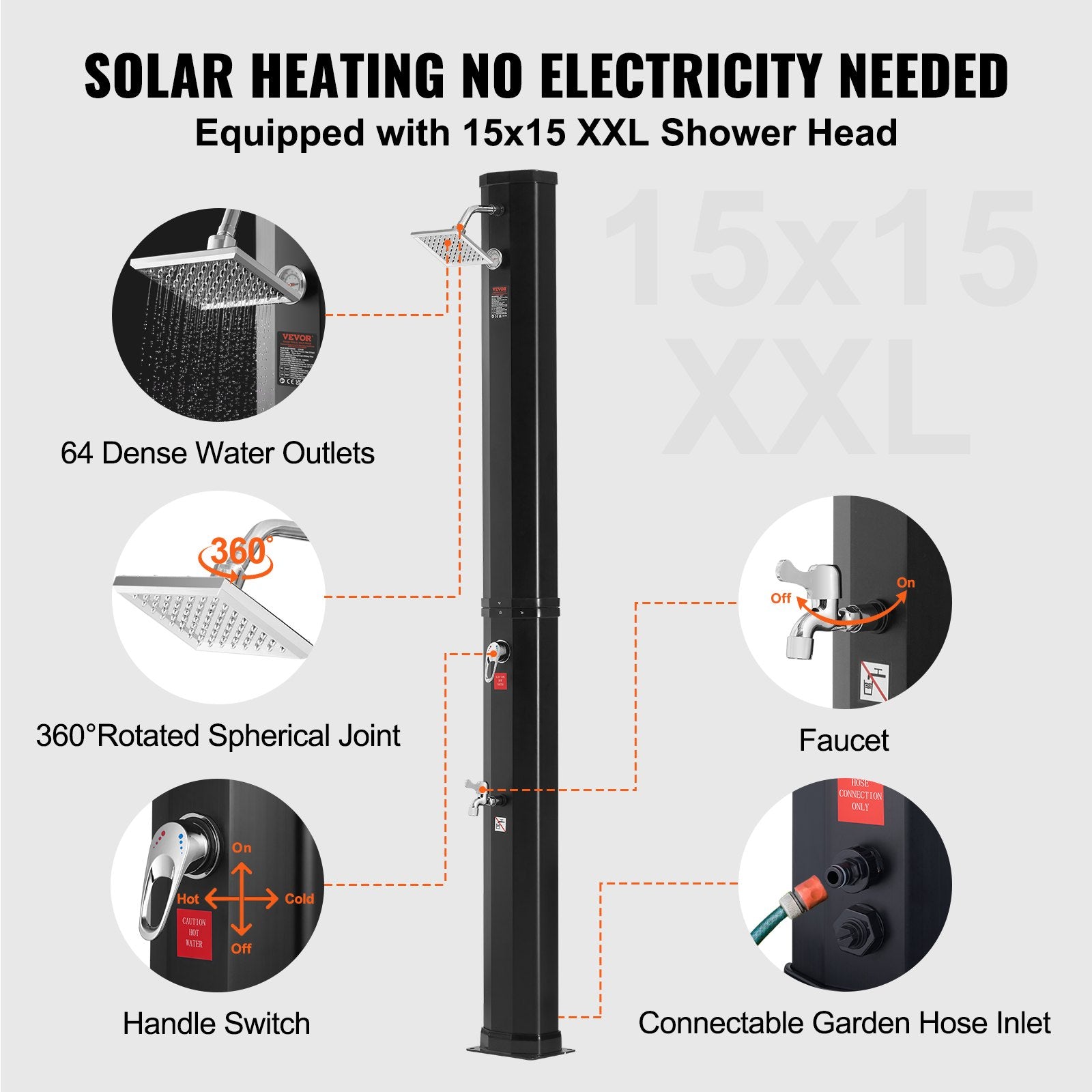 Outdoor Solar Heated Shower 35L Poolside Kit with Shower Head Foot Tap Fast Assembly