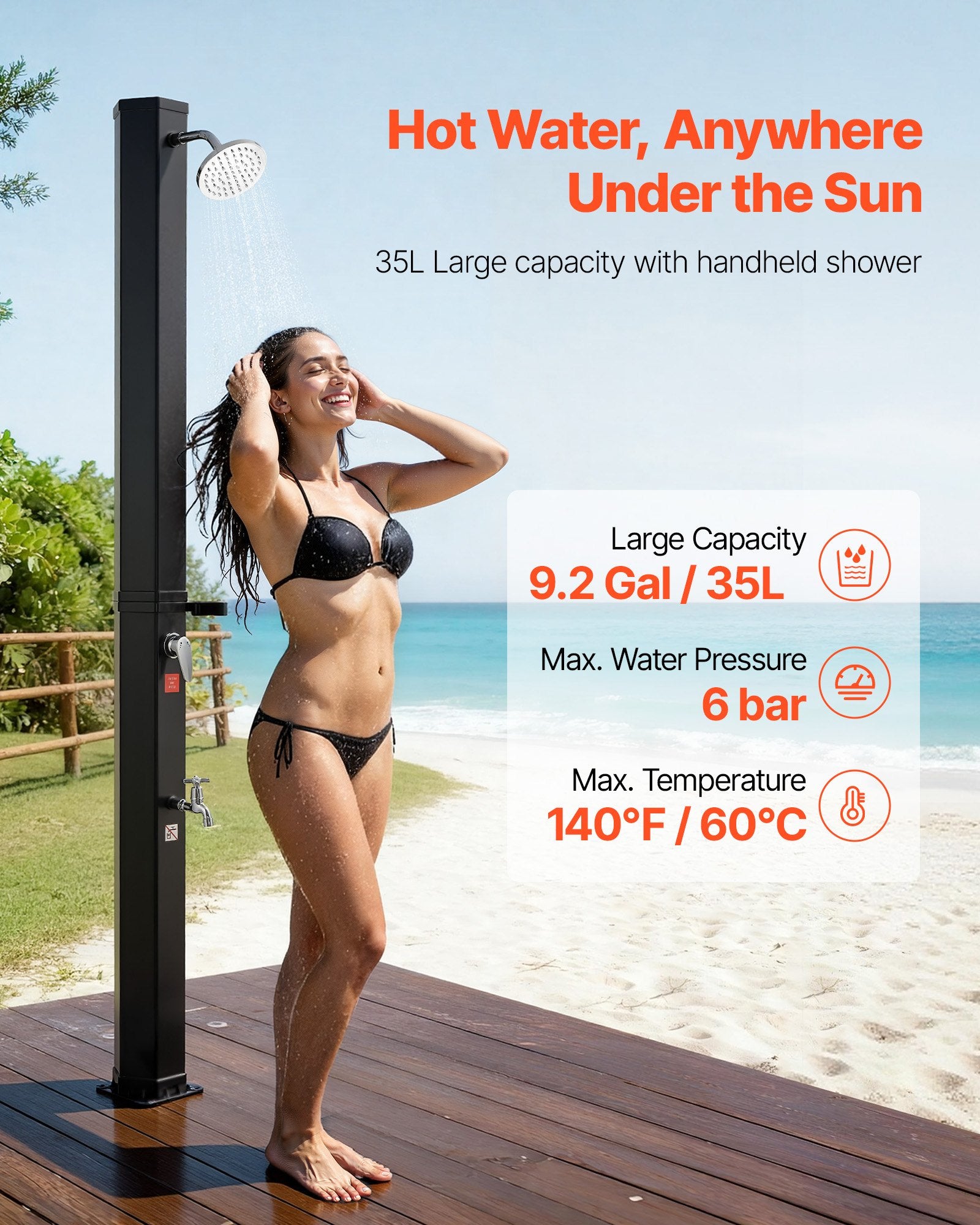 35L Solar Heated Outdoor Shower with Foot Faucet & Soap Rack, Black 195cm Height