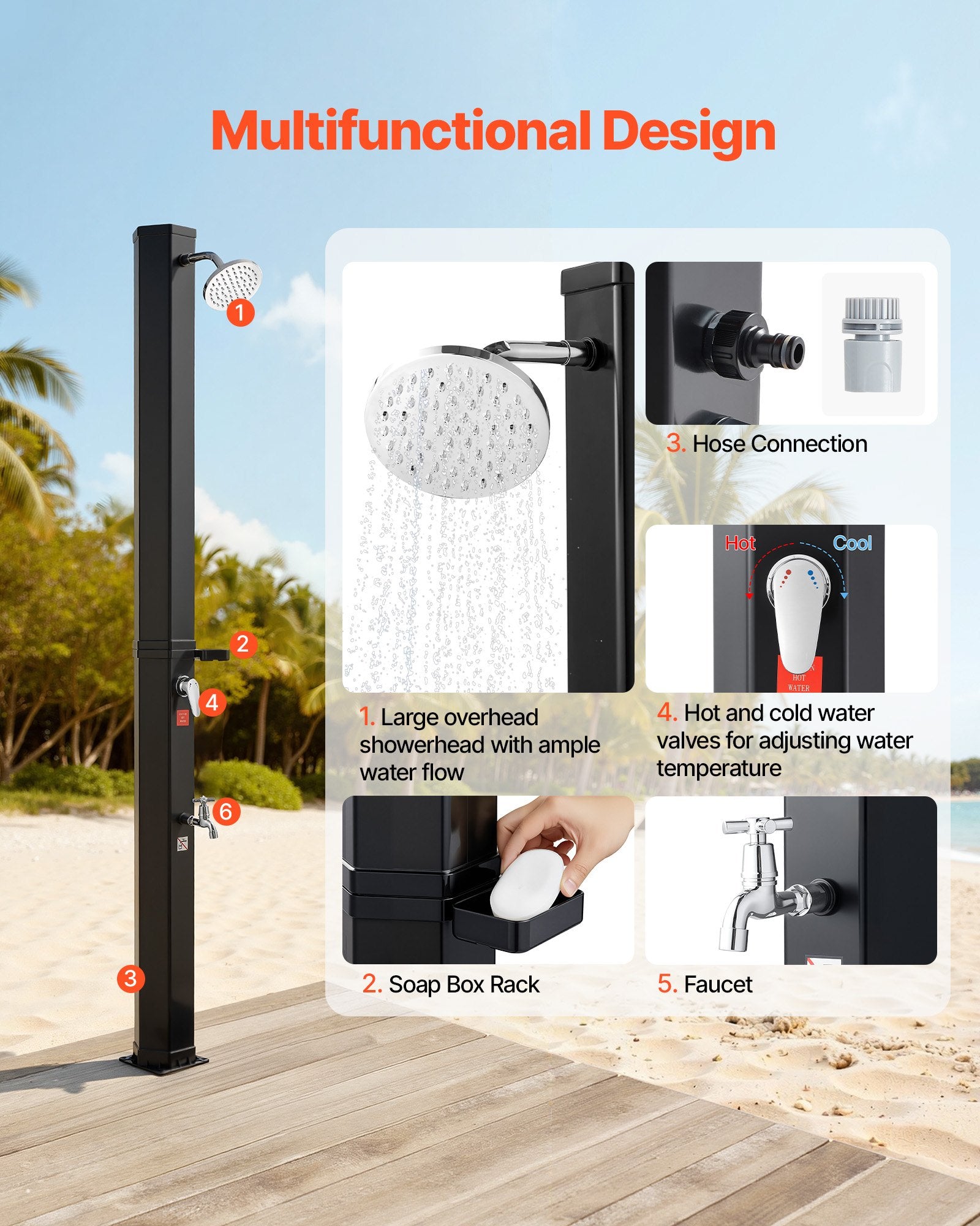 35L Solar Heated Outdoor Shower with Foot Faucet & Soap Rack, Black 195cm Height