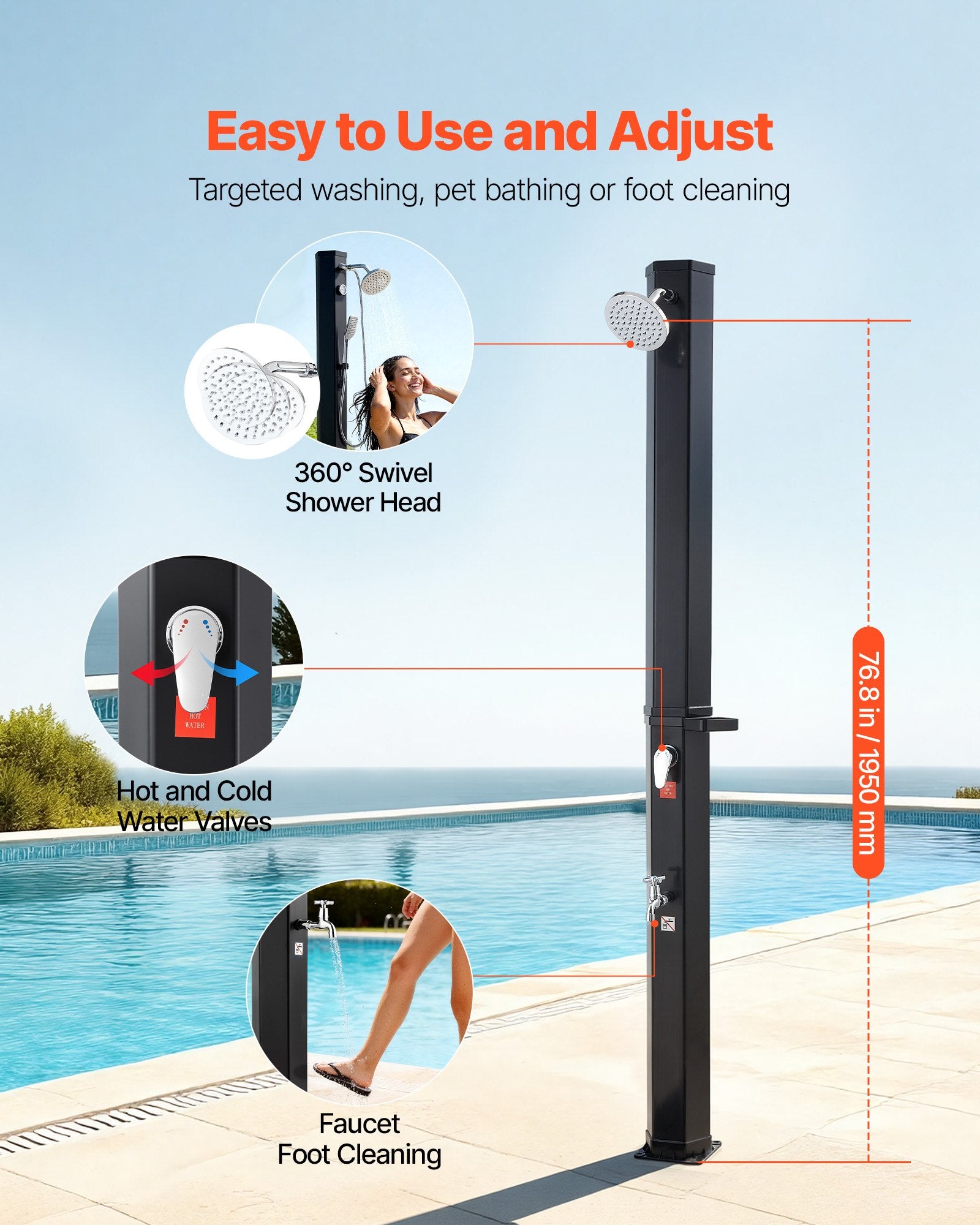 35L Solar Heated Outdoor Shower with Foot Faucet & Soap Rack, Black 195cm Height