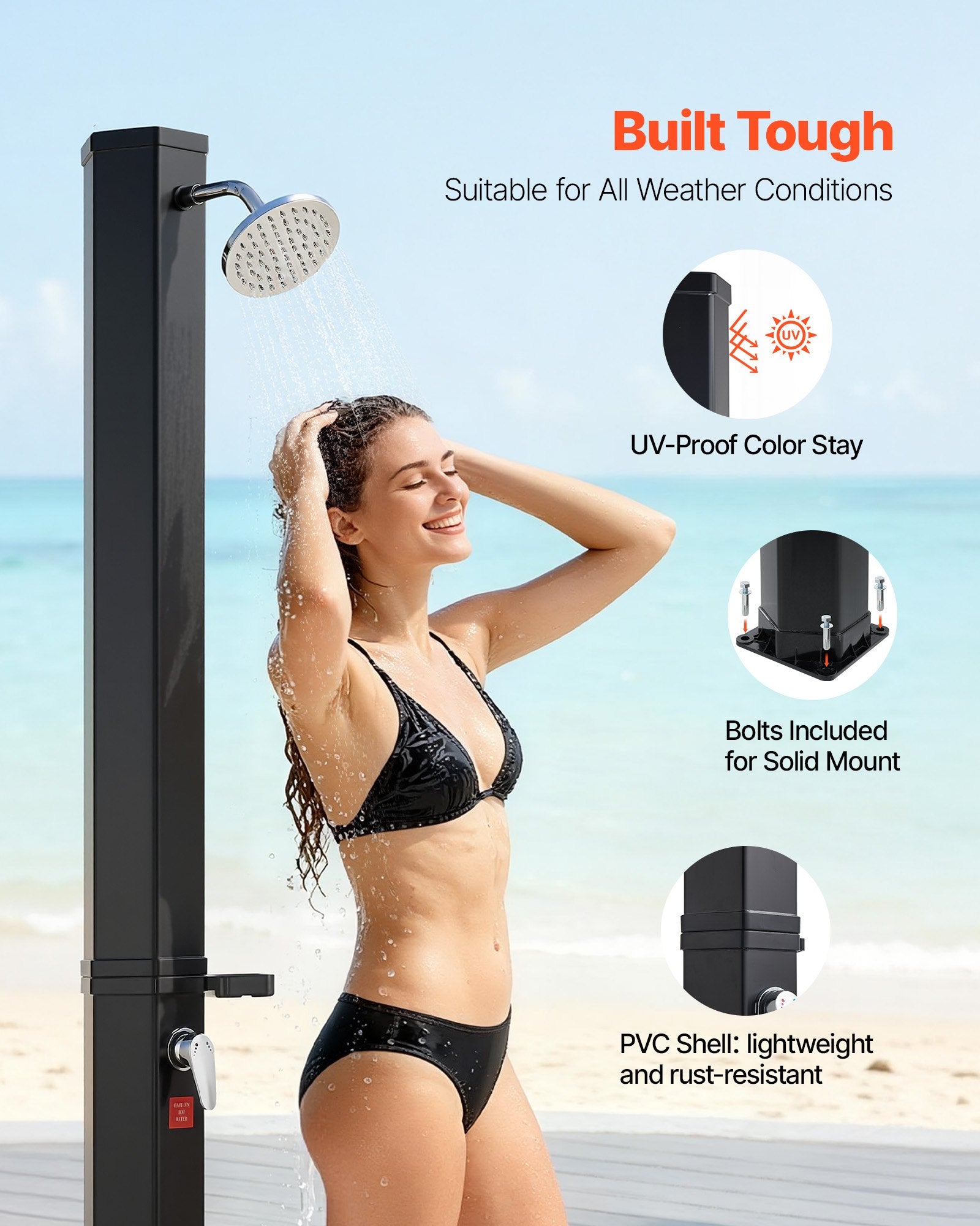 35L Solar Heated Outdoor Shower with Foot Faucet & Soap Rack, Black 195cm Height
