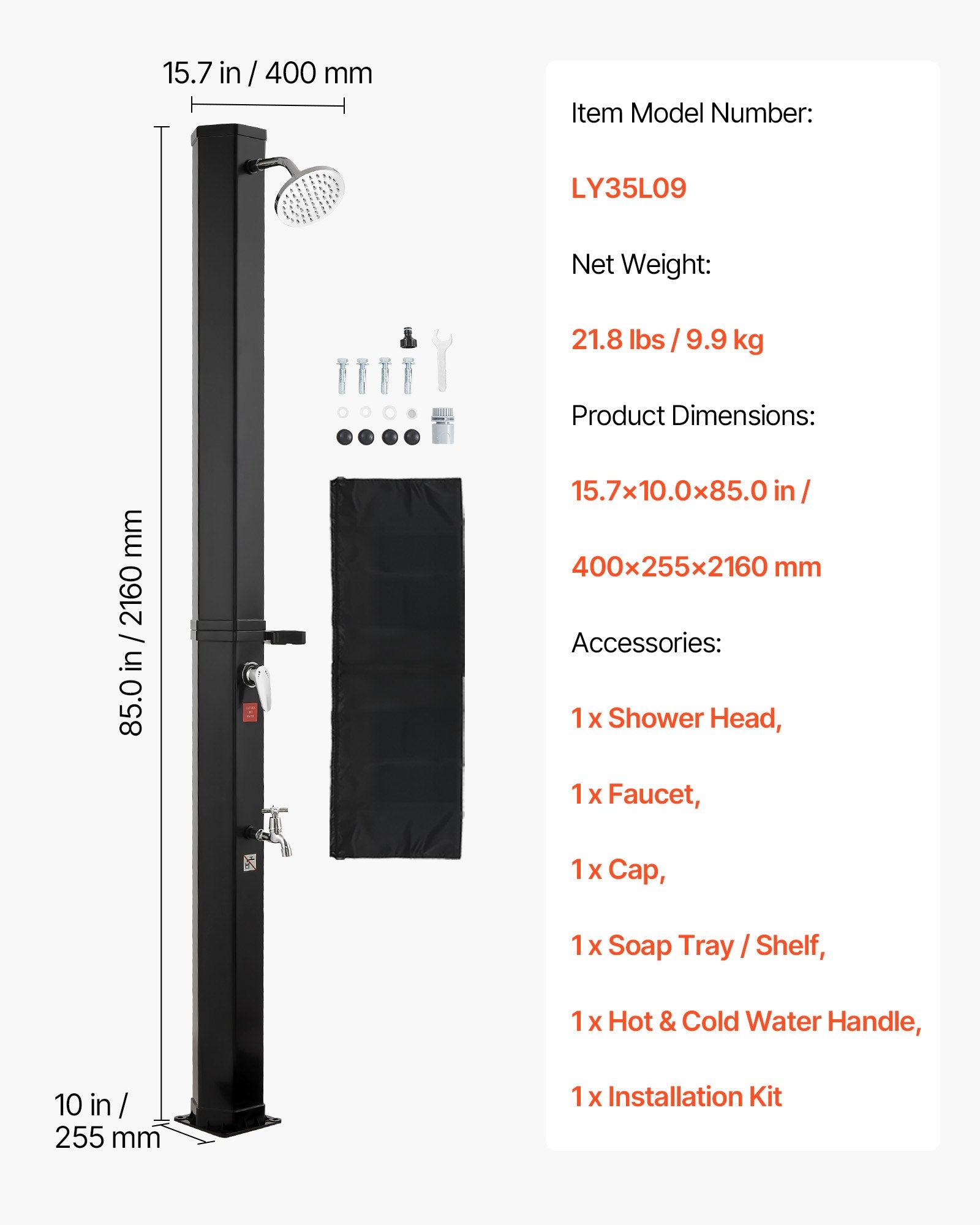 35L Solar Heated Outdoor Shower with Foot Faucet & Soap Rack, Black 195cm Height