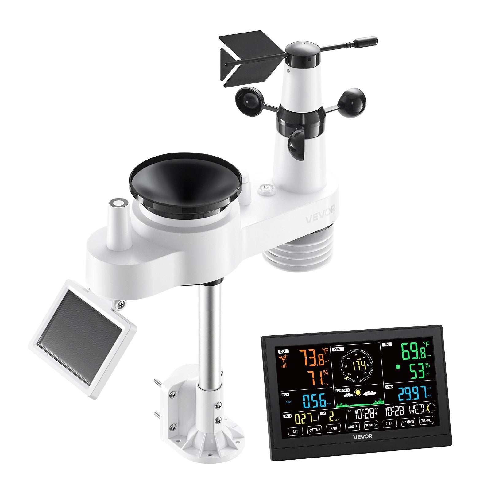 7-in-1 WiFi Weather Station Solar Sensor Rain Gauge Temp Wind Humidity Display