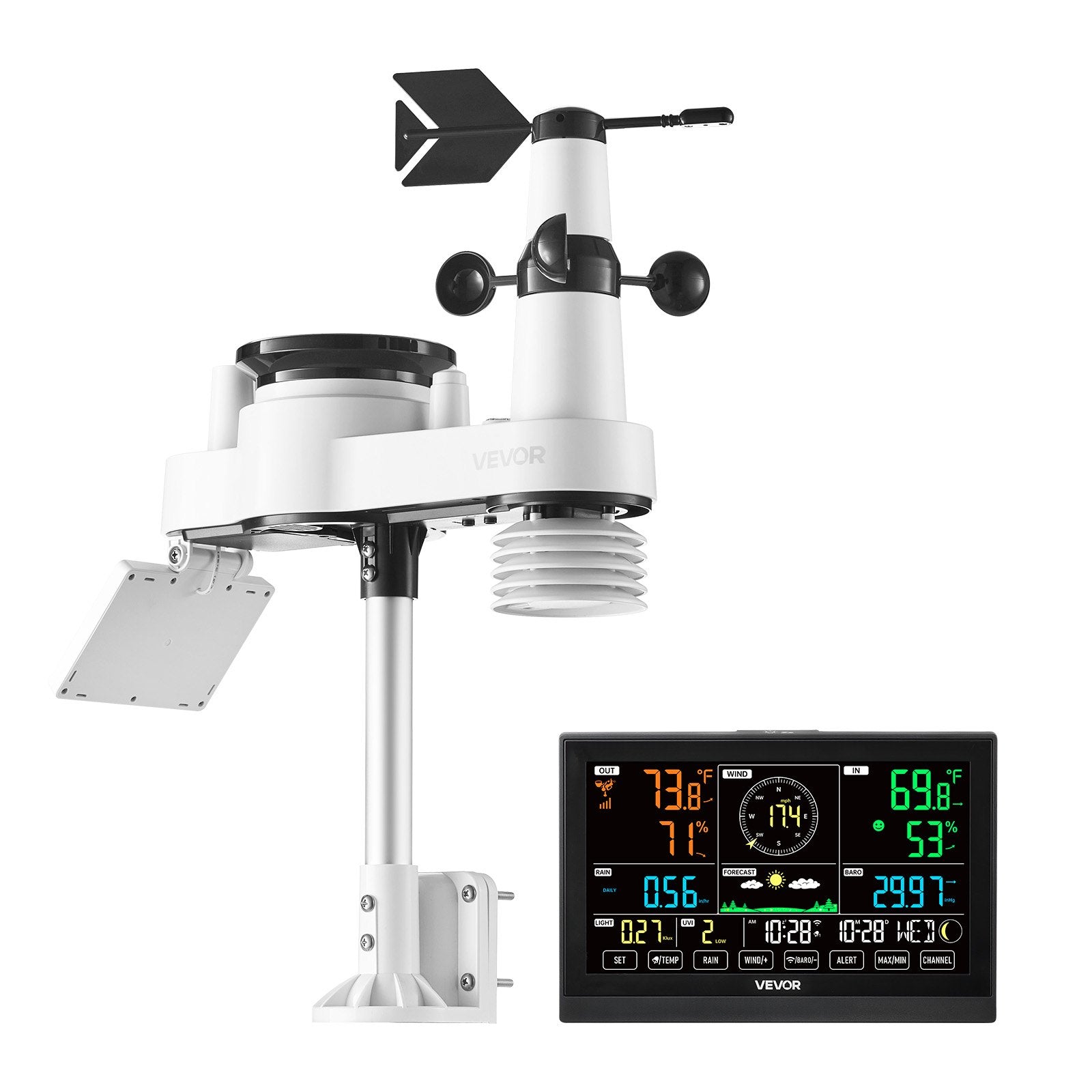 7-in-1 WiFi Weather Station Solar Sensor Rain Gauge Temp Wind Humidity Display