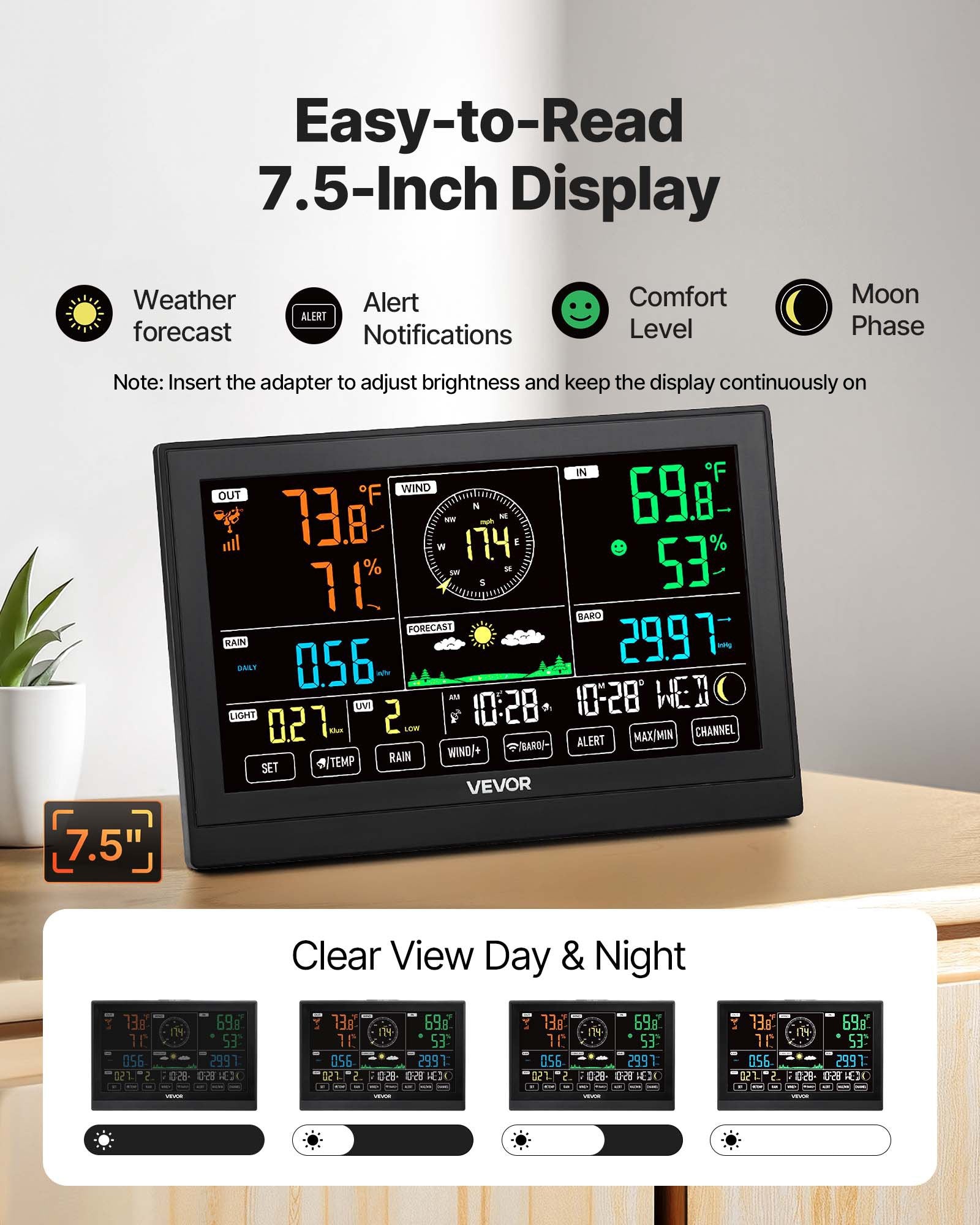 7-in-1 Wireless Weather Station w/ Solar Sensor Rain Gauge No WiFi