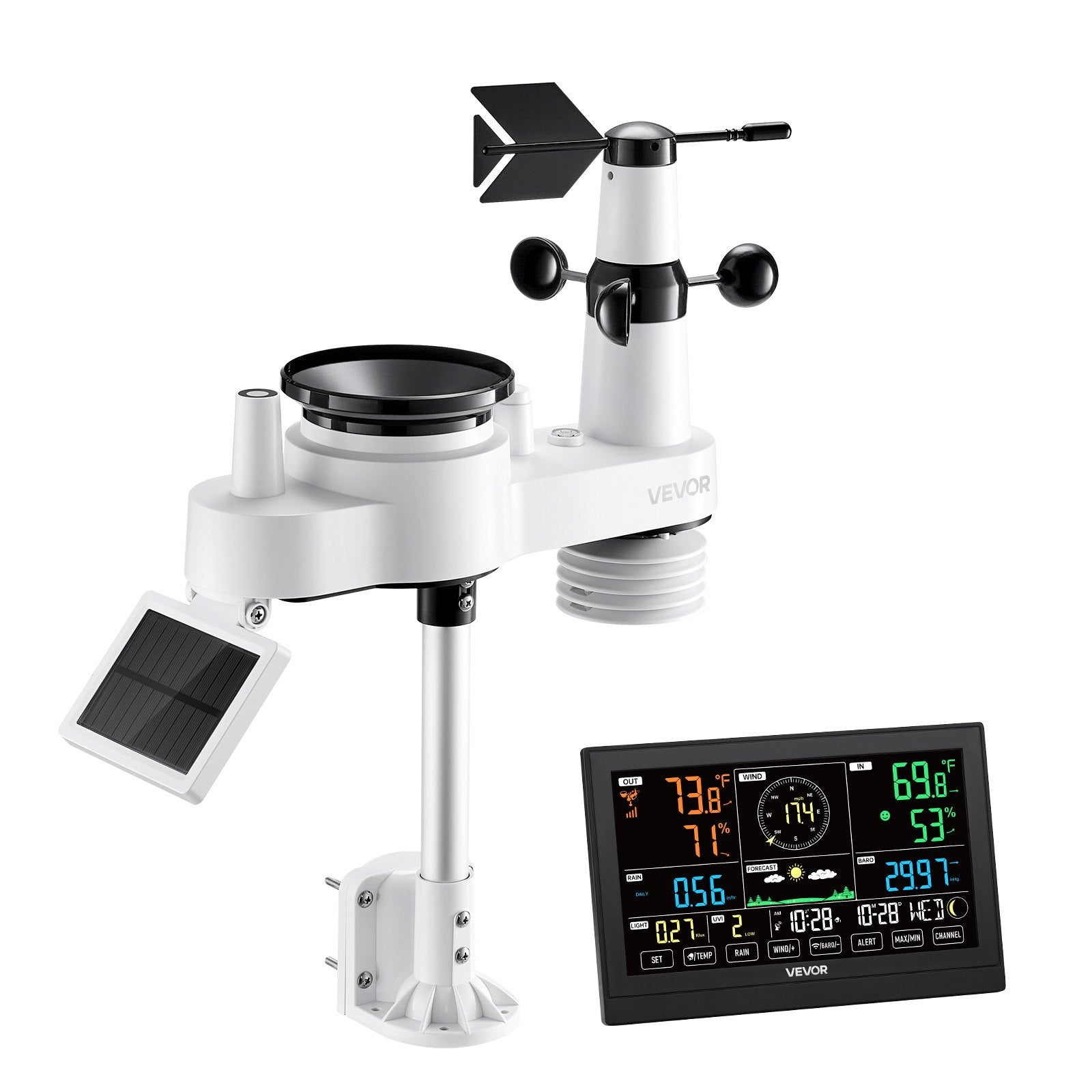 7-in-1 Wireless Weather Station w/ Solar Sensor Rain Gauge No WiFi