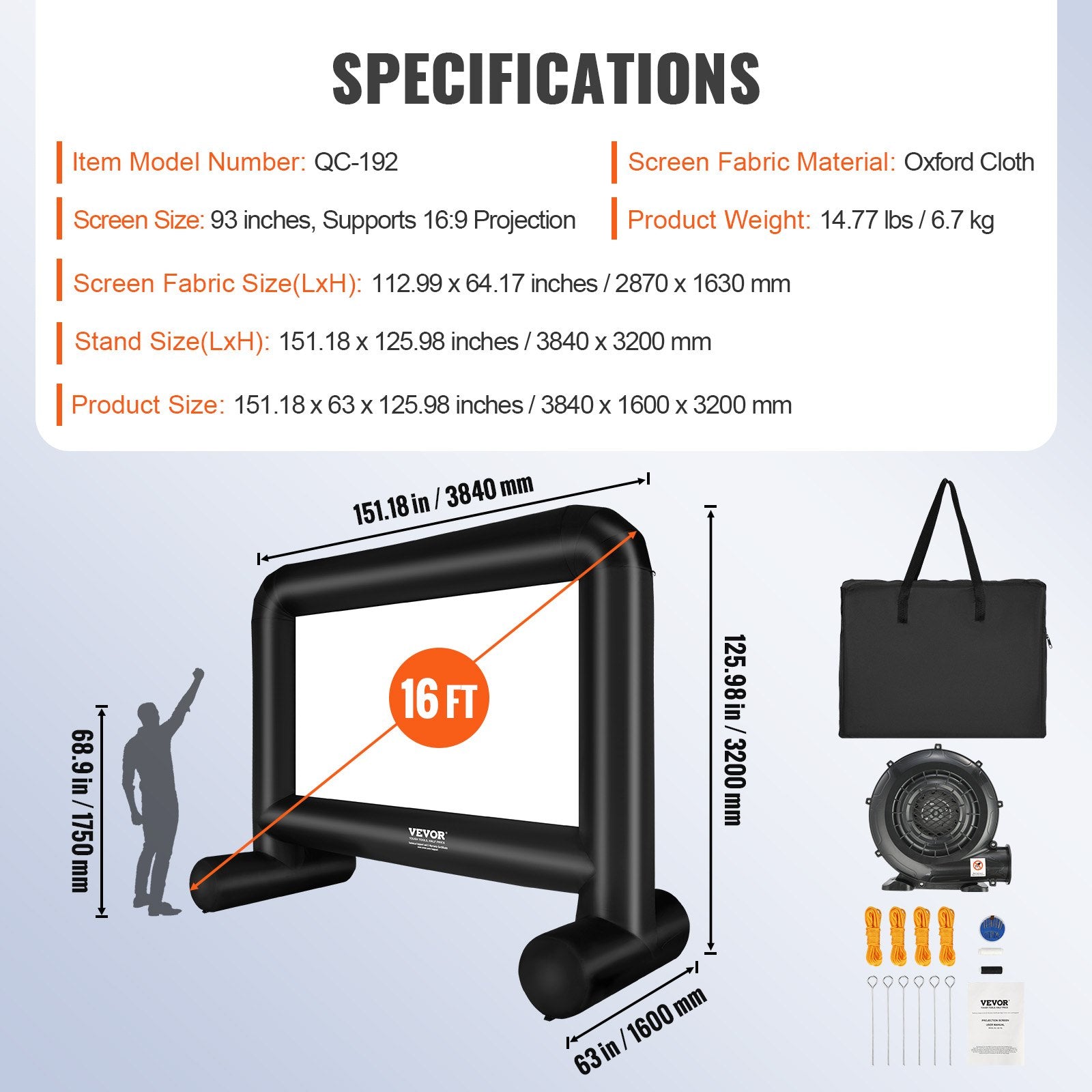 Inflatable Movie Screen 16FT Outdoor Projector Screen with Blower Carrying Bag