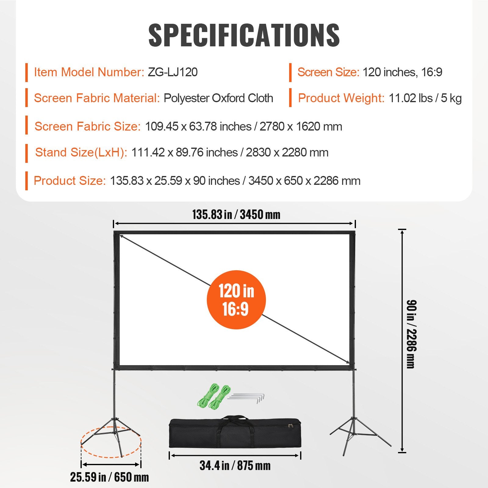 Projector Screen with Stand 120in 16:9 4K 1080P HD Wrinkle-Free Carry Bag