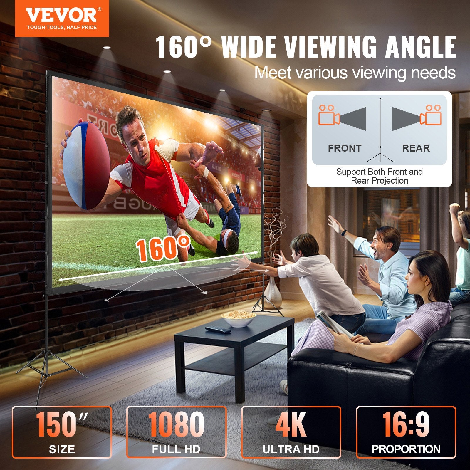 Projector Screen 150 Inch 16:9 4K HD Outdoor with Stand, Wrinkle-Free, Carry Bag