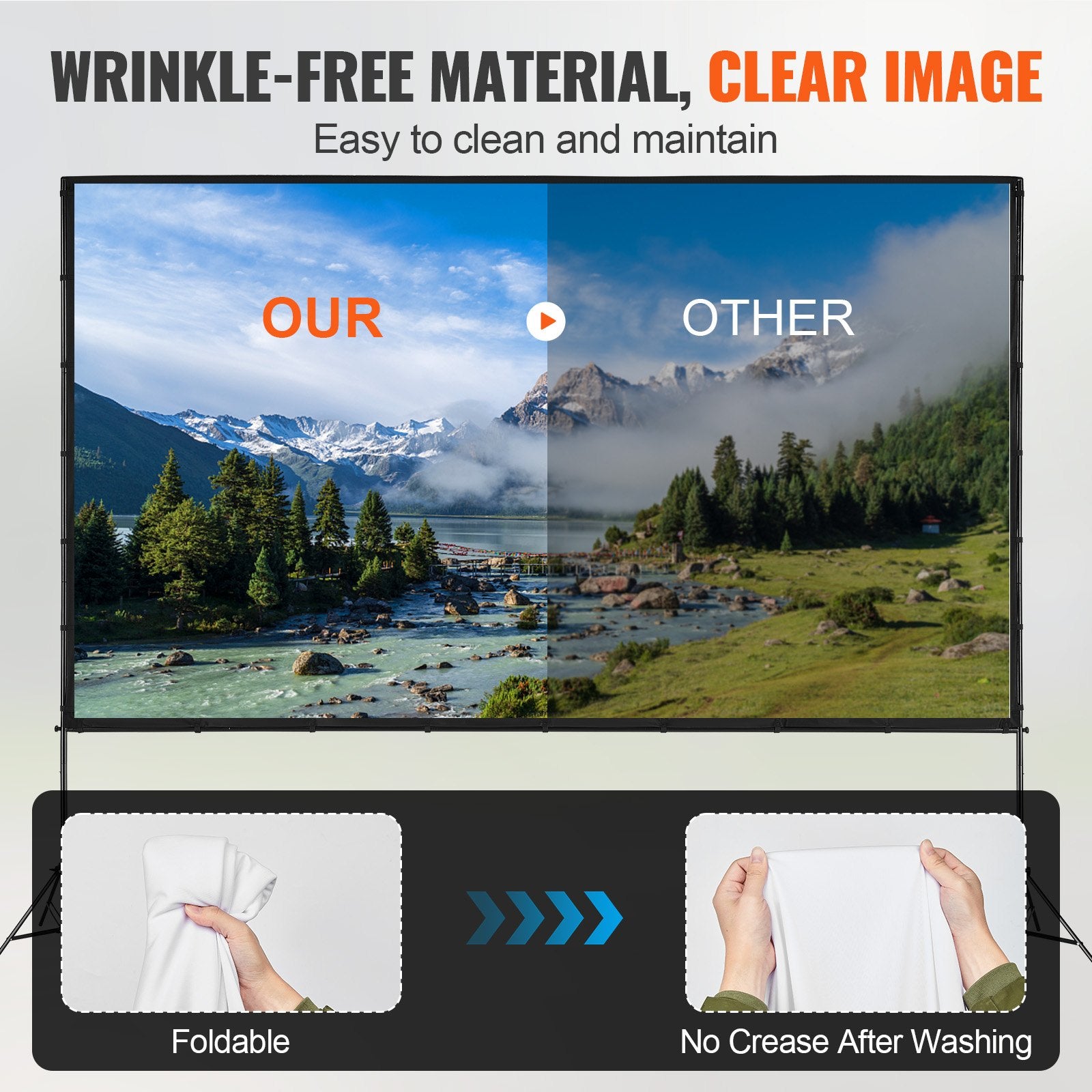 Projector Screen 150 Inch 16:9 4K HD Outdoor with Stand, Wrinkle-Free, Carry Bag