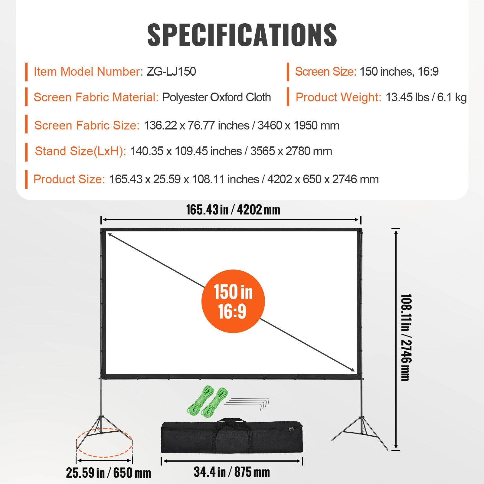 Projector Screen 150 Inch 16:9 4K HD Outdoor with Stand, Wrinkle-Free, Carry Bag