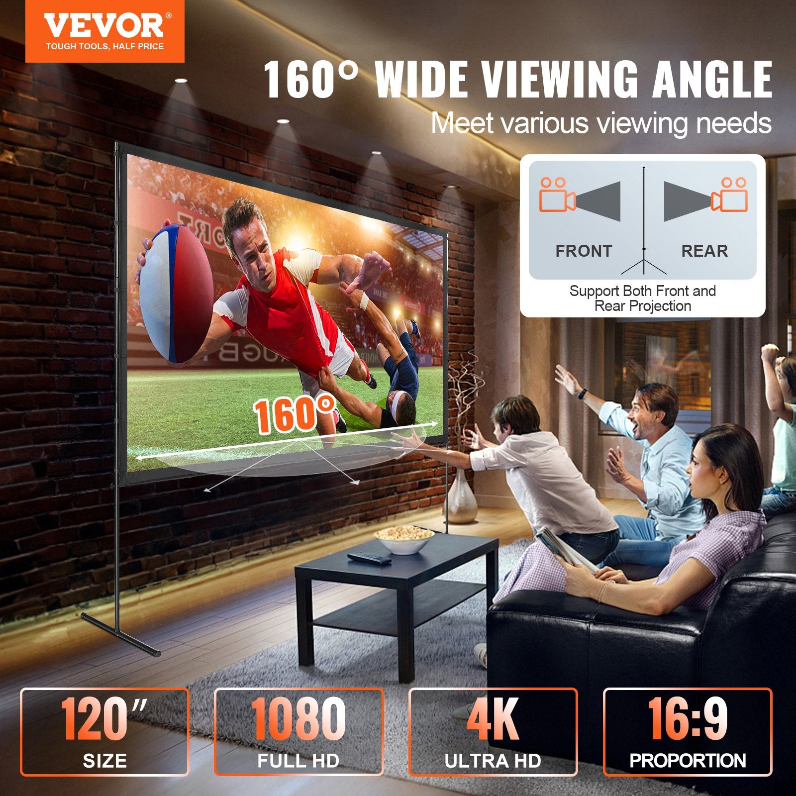 Projector Screen 120 Inch 16:9 4K HD Outdoor with Stand, Wrinkle-Free, Carry Bag
