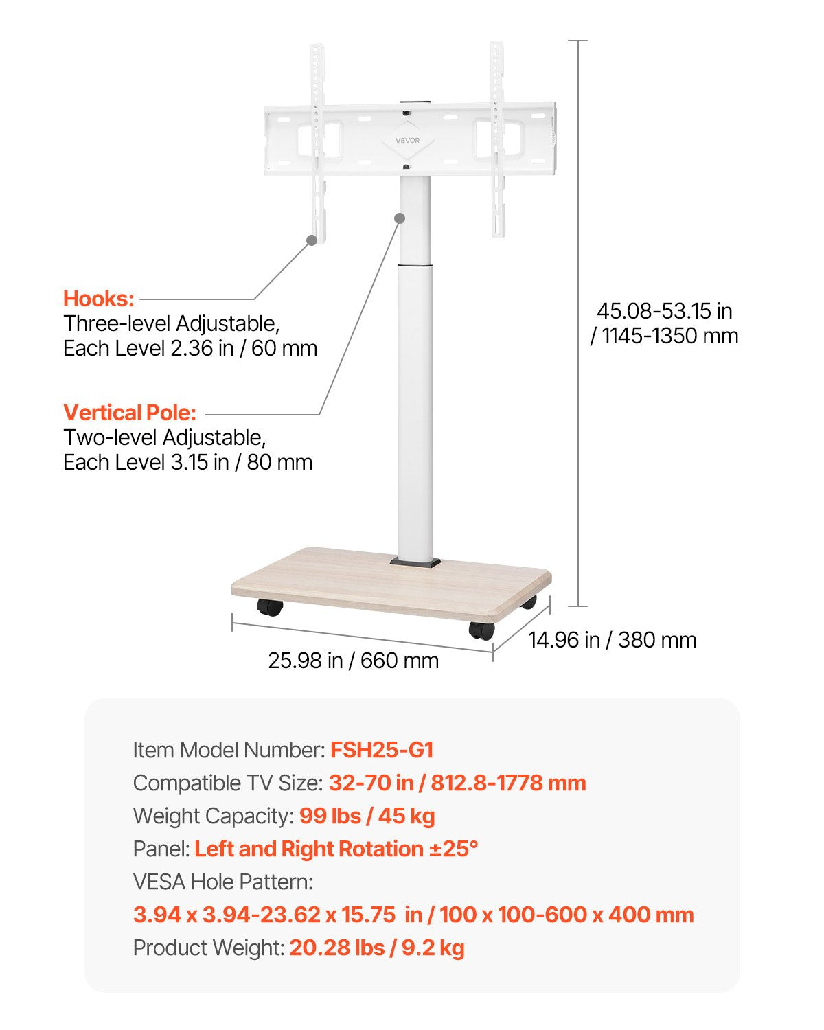 Rolling TV Stand Mobile Cart 32-70" Screens Height Adjustable 25° Rotation 45kg