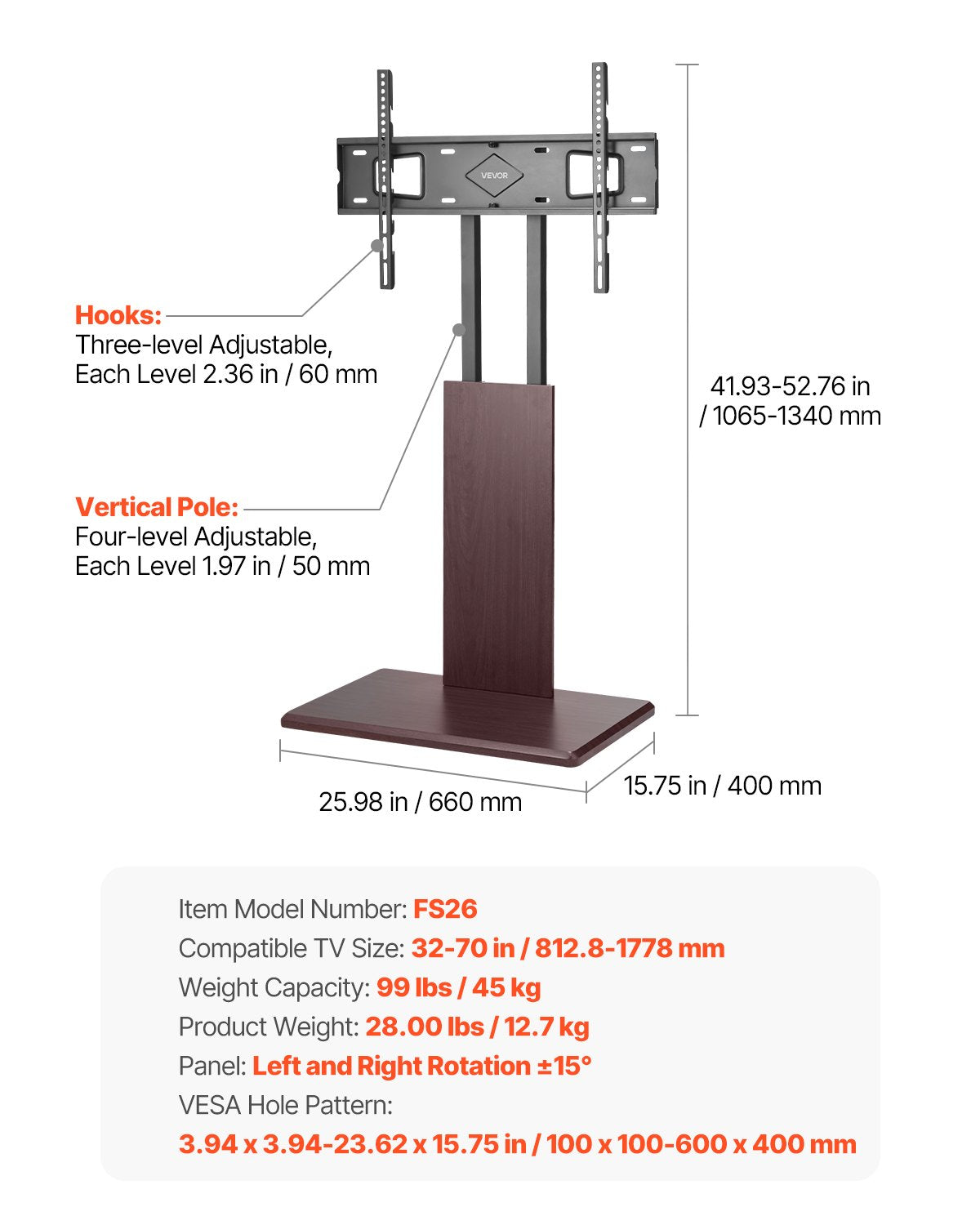 Universal Table Top TV Stand for 32-70 Inch Screens Swivel and Adjustable