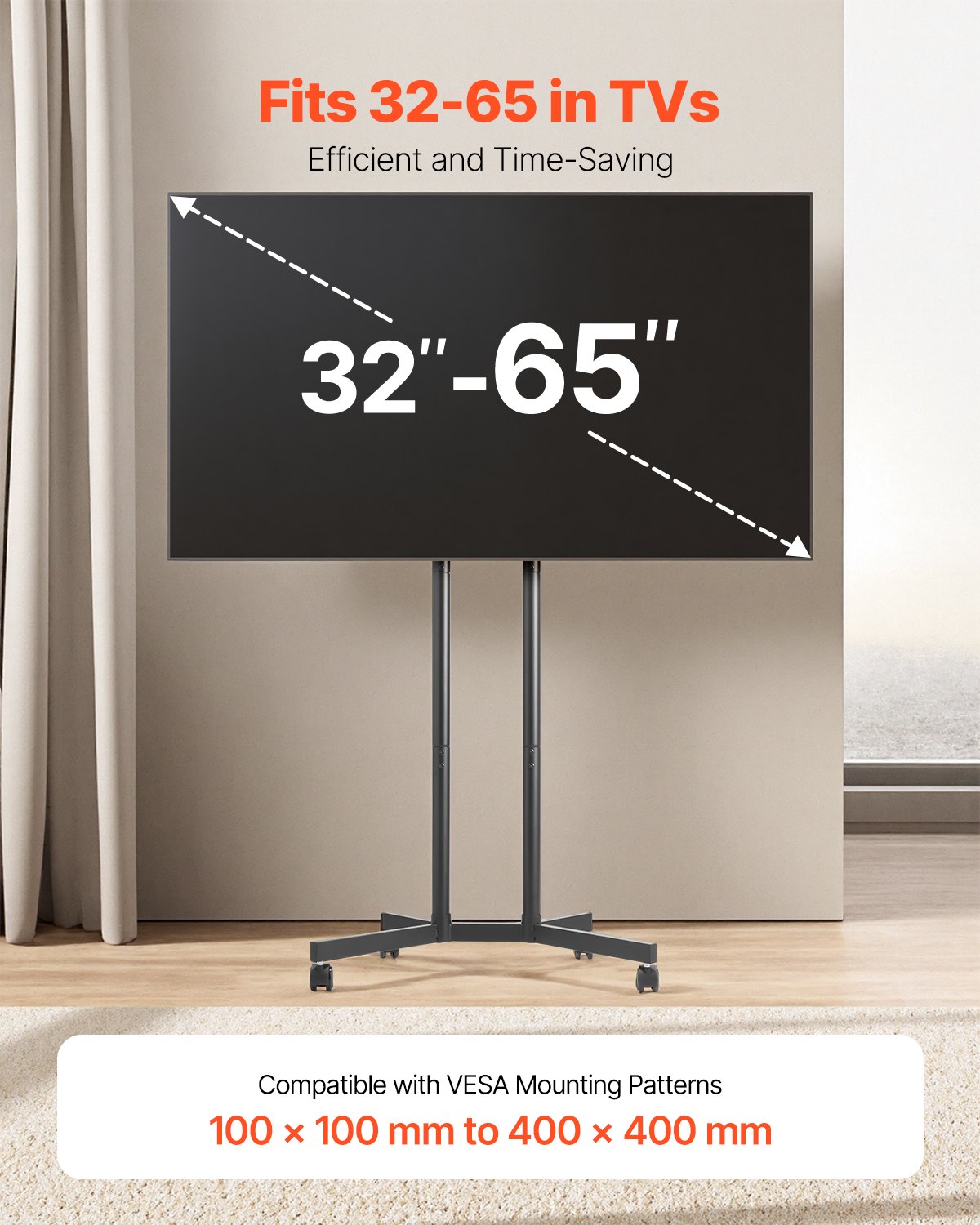 Rolling TV Stand for 32-65" Screens Mobile Cart Height Adjustable Portable 40kg