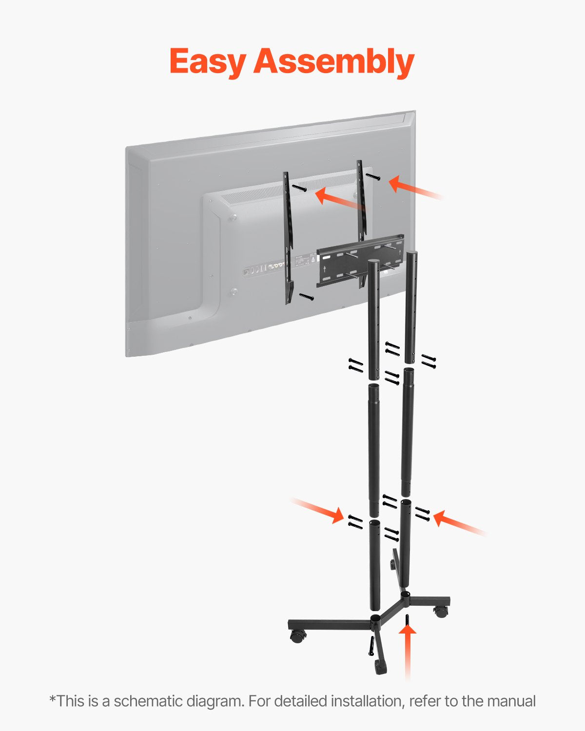 Rolling TV Stand for 32-65" Screens Mobile Cart Height Adjustable Portable 40kg