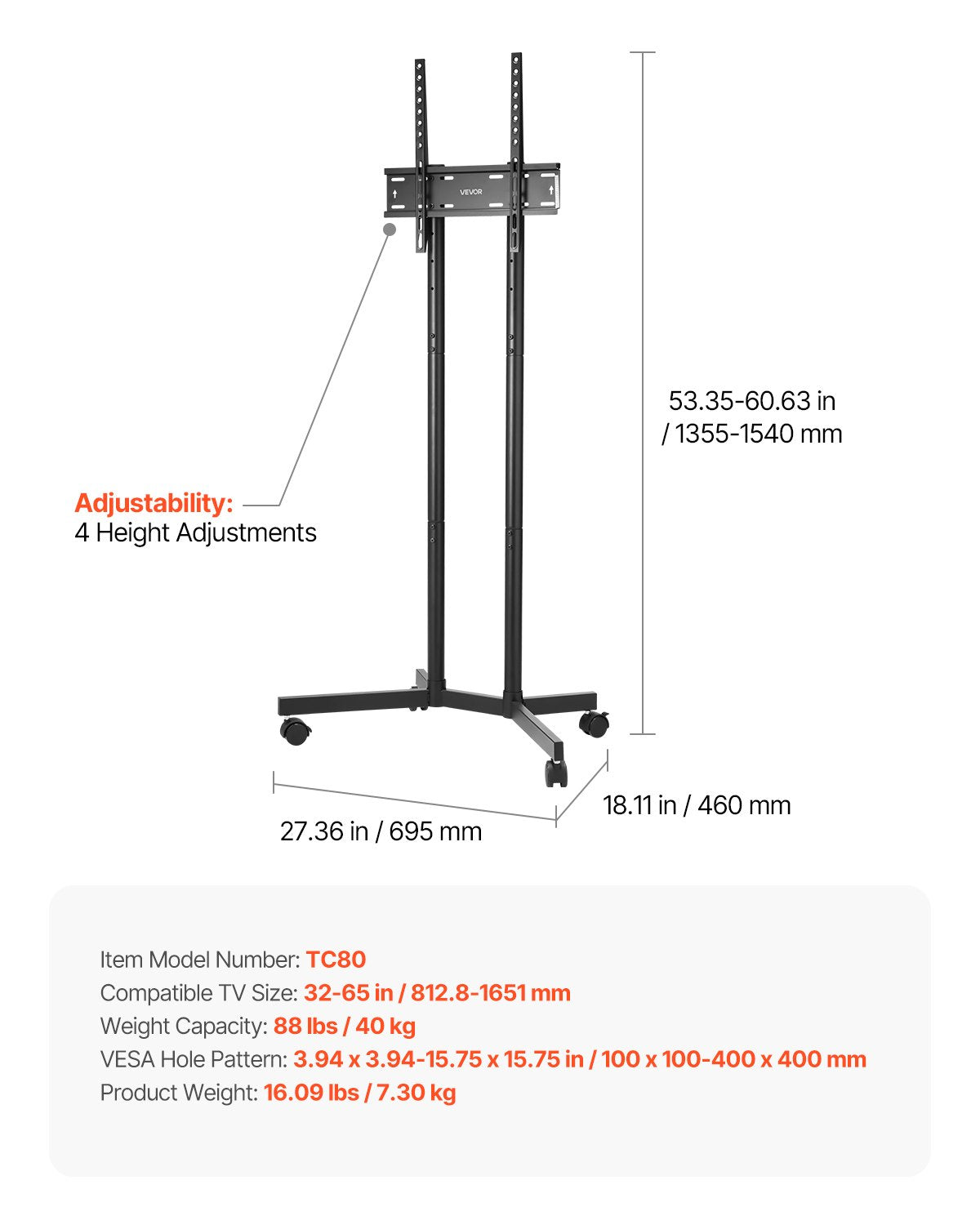 Rolling TV Stand for 32-65" Screens Mobile Cart Height Adjustable Portable 40kg