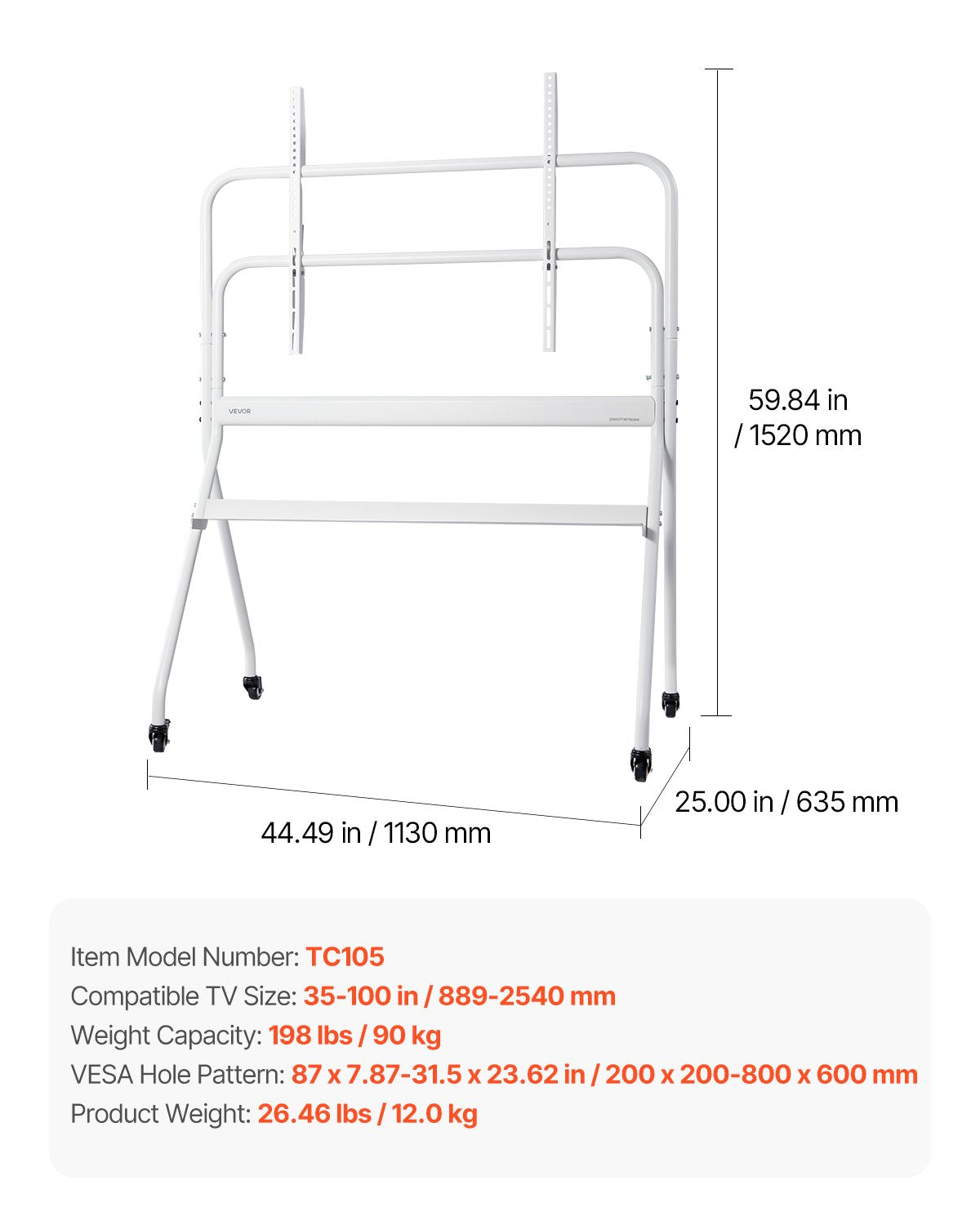 Rolling TV Stand Mobile Cart for 35-100 Inch Screens with Wheels