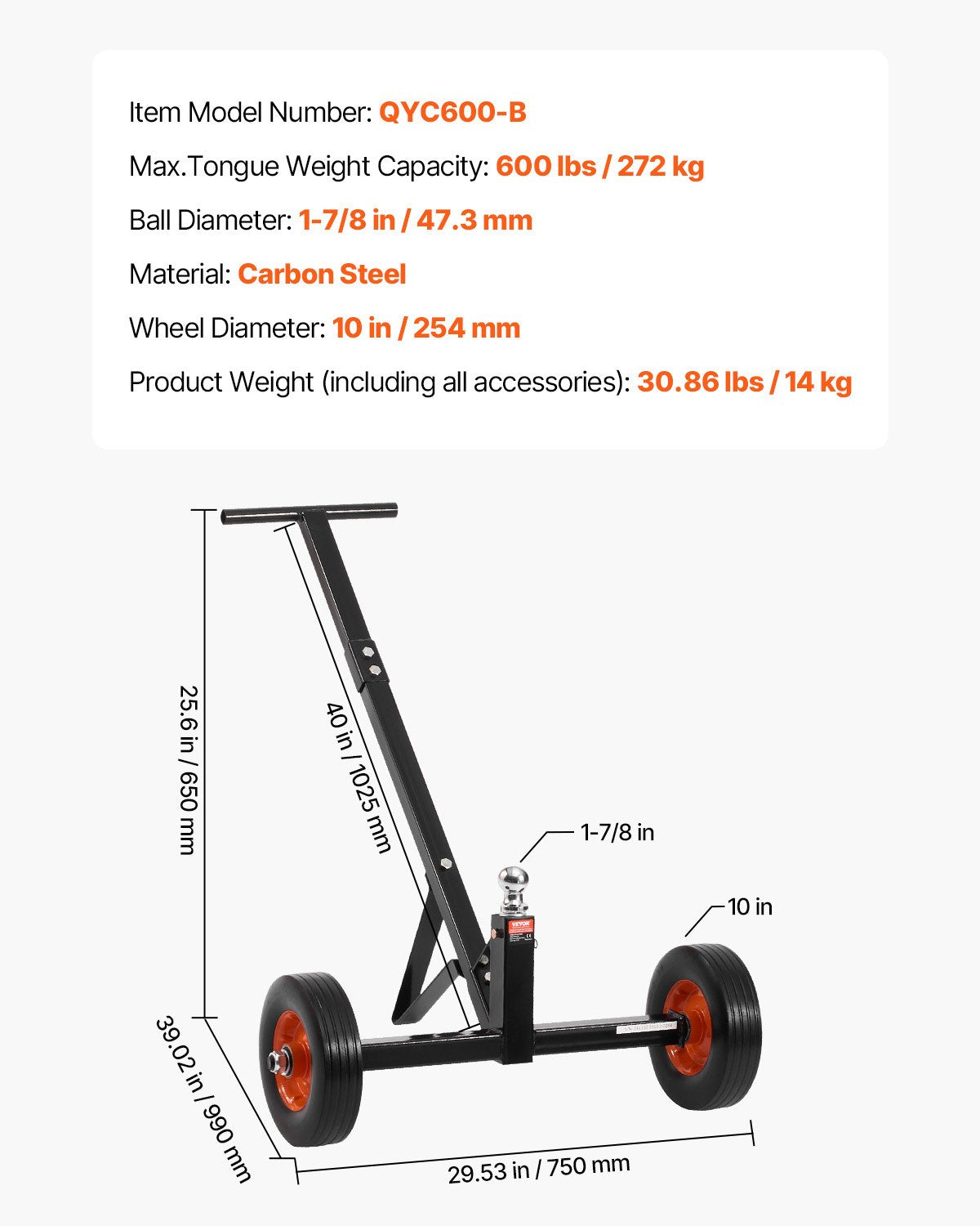 Trailer Dolly 600lbs Carbon Steel Mover with 1-7/8" Hitch Ball and 10" Tires