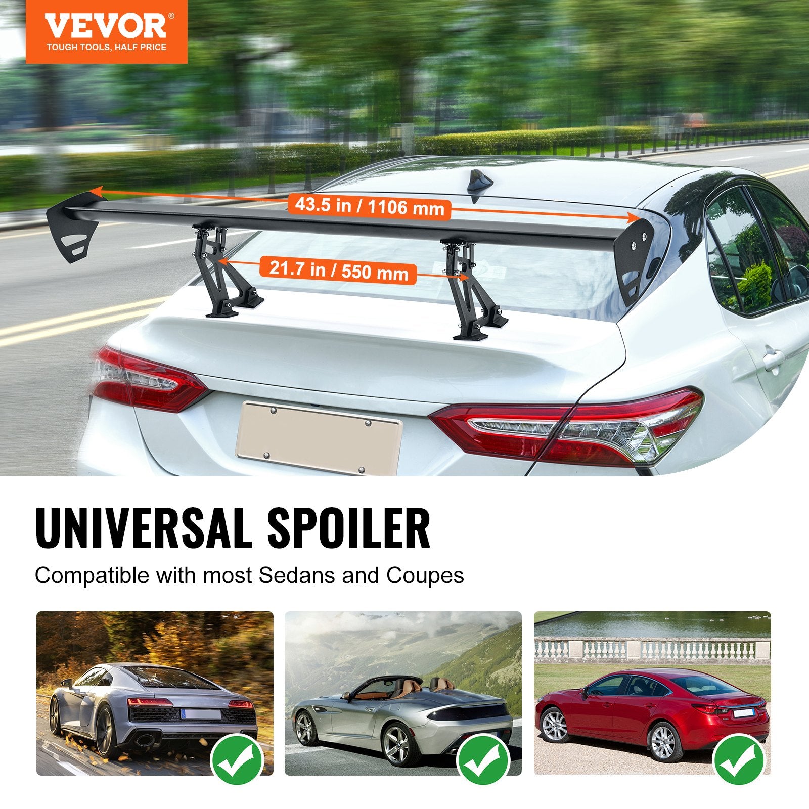GT Wing Car Spoiler 43.3 in Single Deck Adjustable Aluminum Racing Black