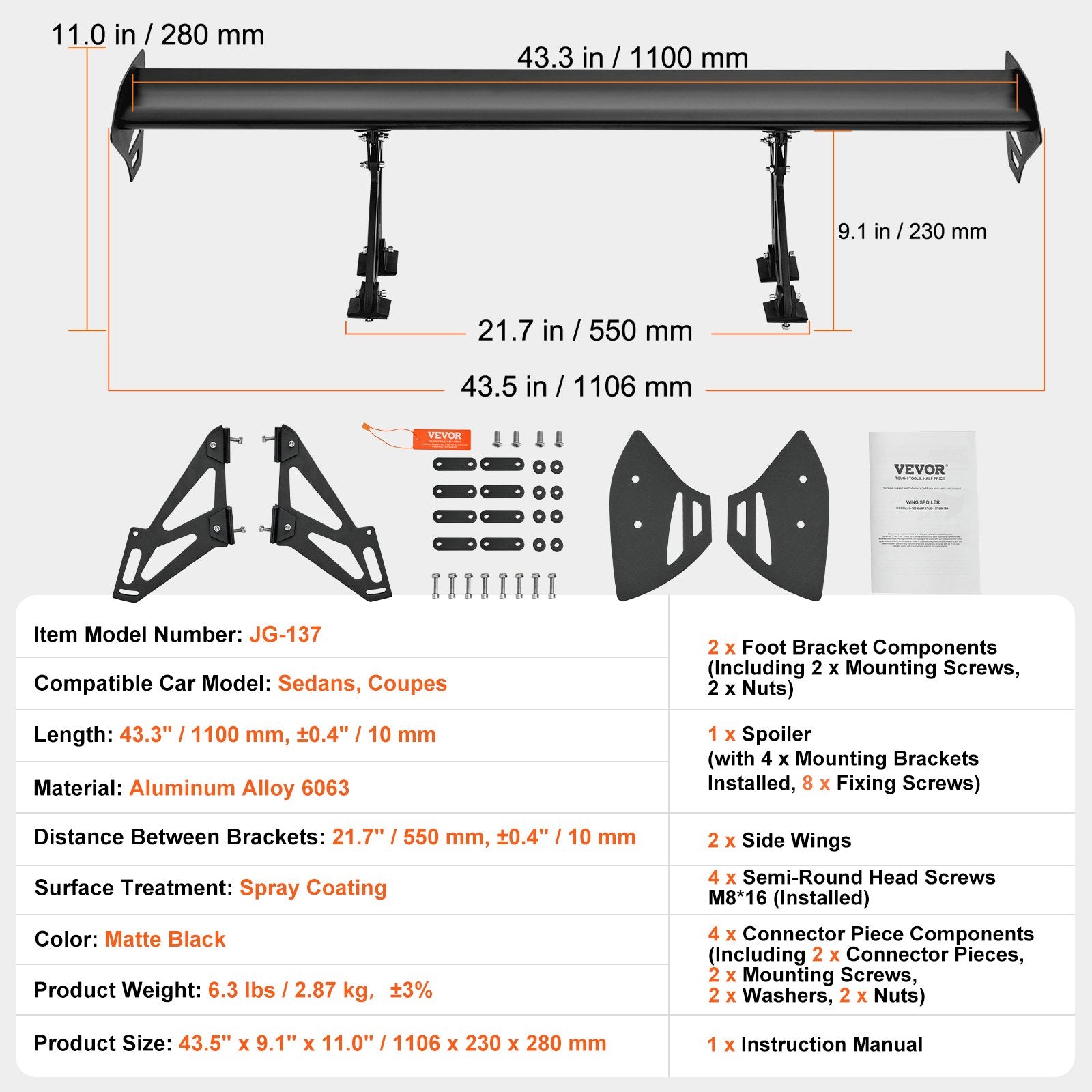 GT Wing Car Spoiler 43.3 in Single Deck Adjustable Aluminum Racing Black