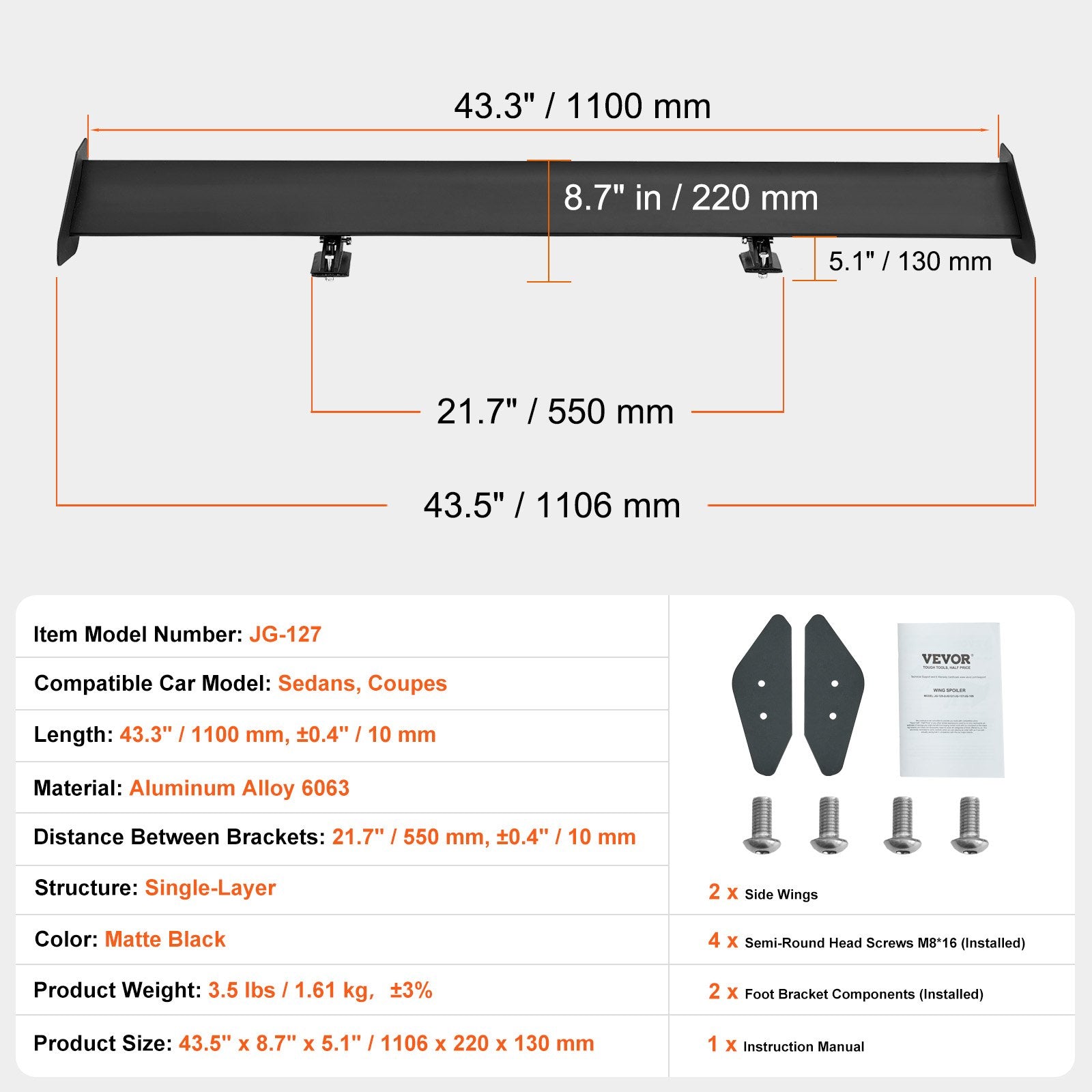 GT Wing Car Spoiler 43.3 in Single Deck Adjustable Aluminum Racing Black