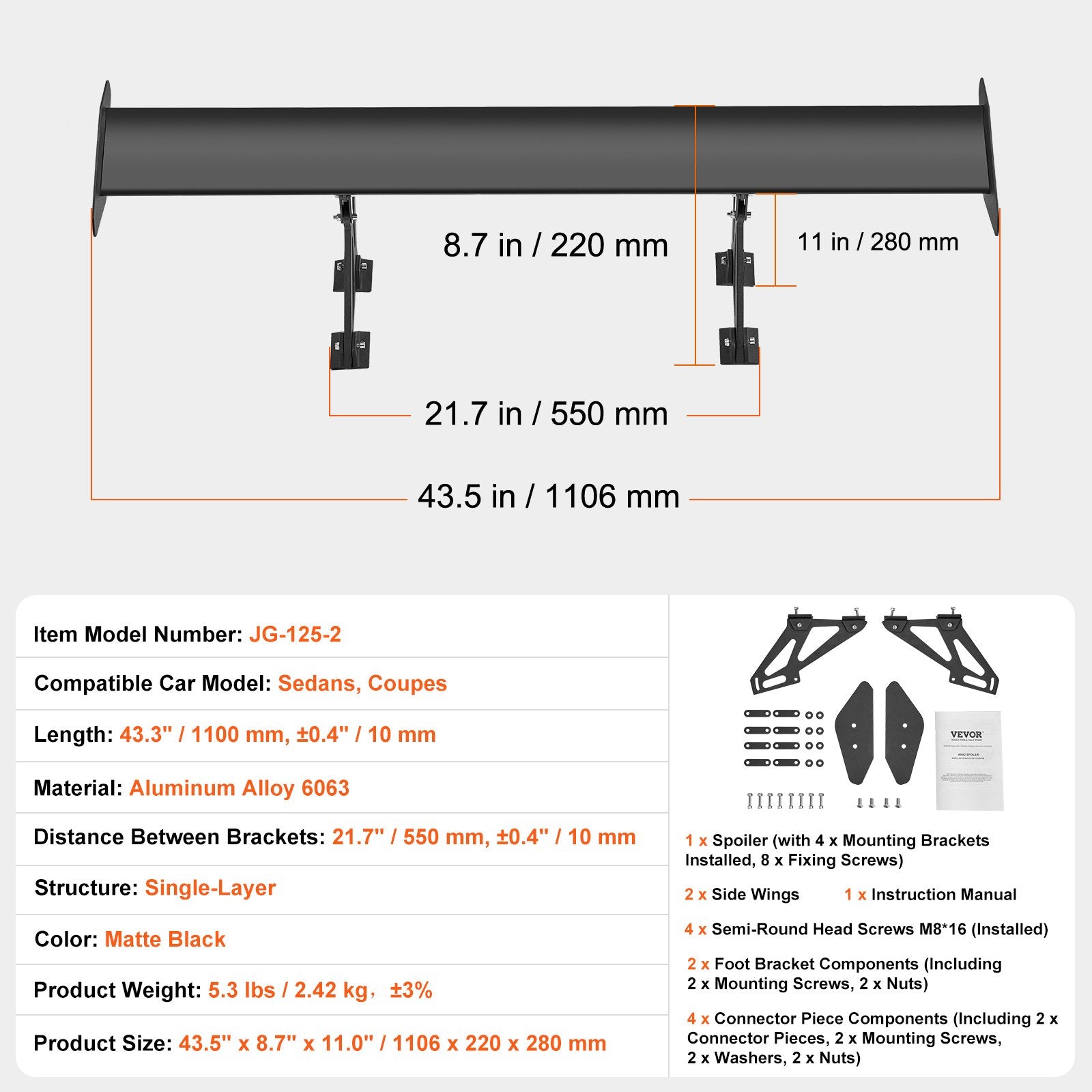 GT Wing Car Spoiler 43.3 in Single Deck Adjustable Aluminum Racing Black