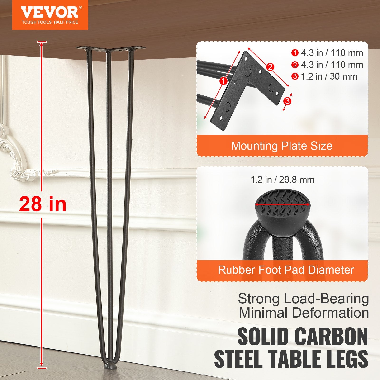 Hairpin Desk Legs 0.7M Set of 4, 3 Rods, 408.2KG Load, Solid Black Steel