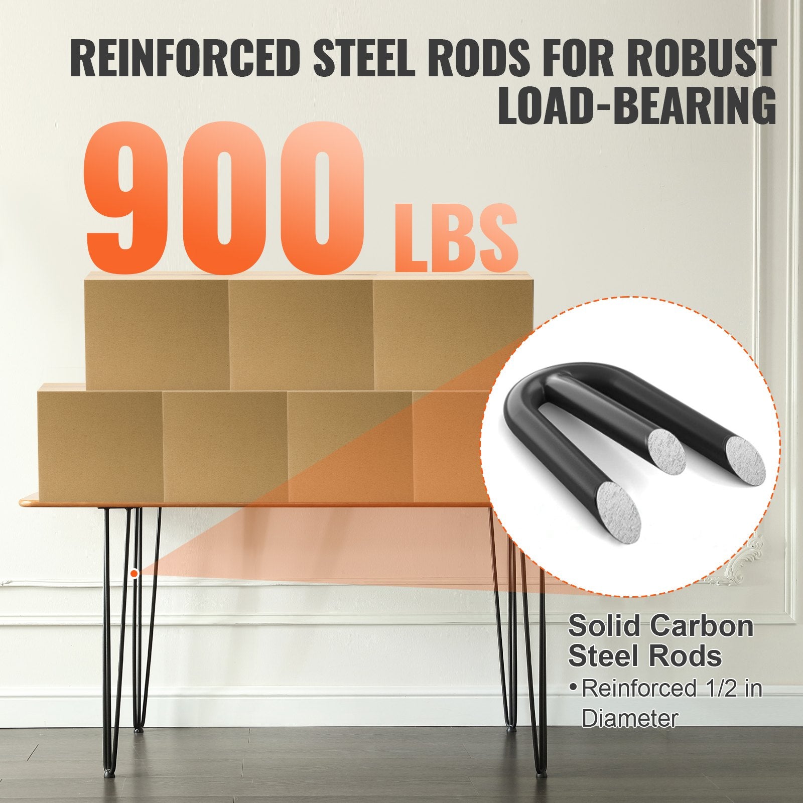 Hairpin Desk Legs 0.7M Set of 4, 3 Rods, 408.2KG Load, Solid Black Steel