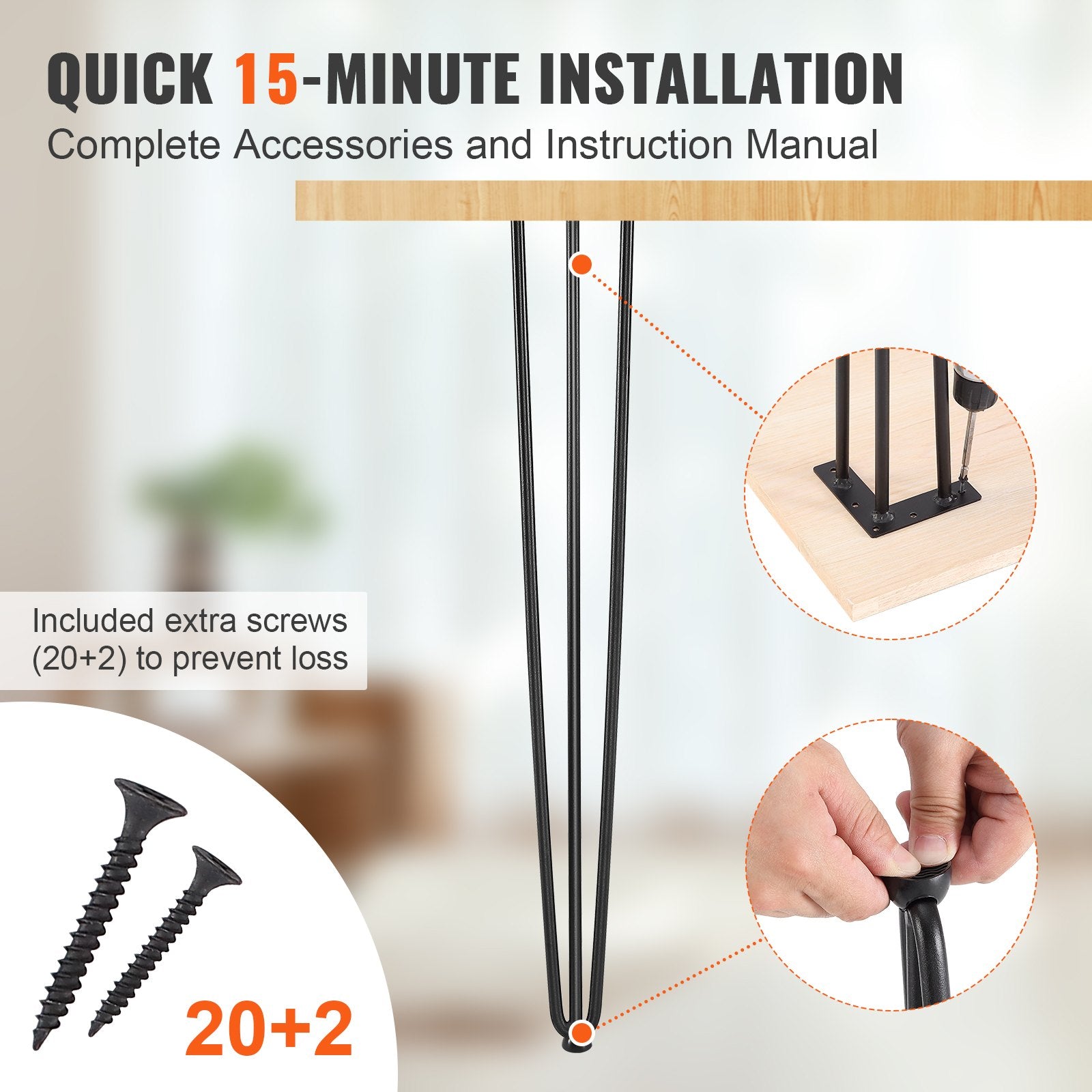 Hairpin Desk Legs 0.7M Set of 4, 3 Rods, 408.2KG Load, Solid Black Steel