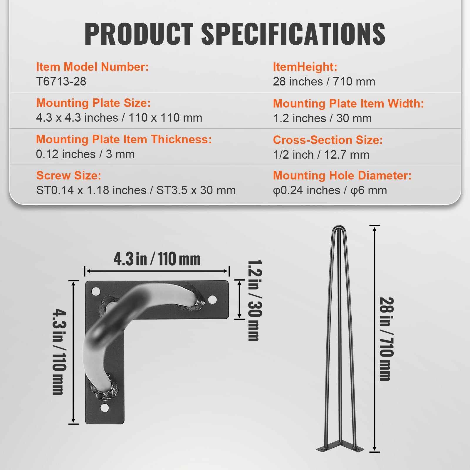 Hairpin Desk Legs 0.7M Set of 4, 3 Rods, 408.2KG Load, Solid Black Steel