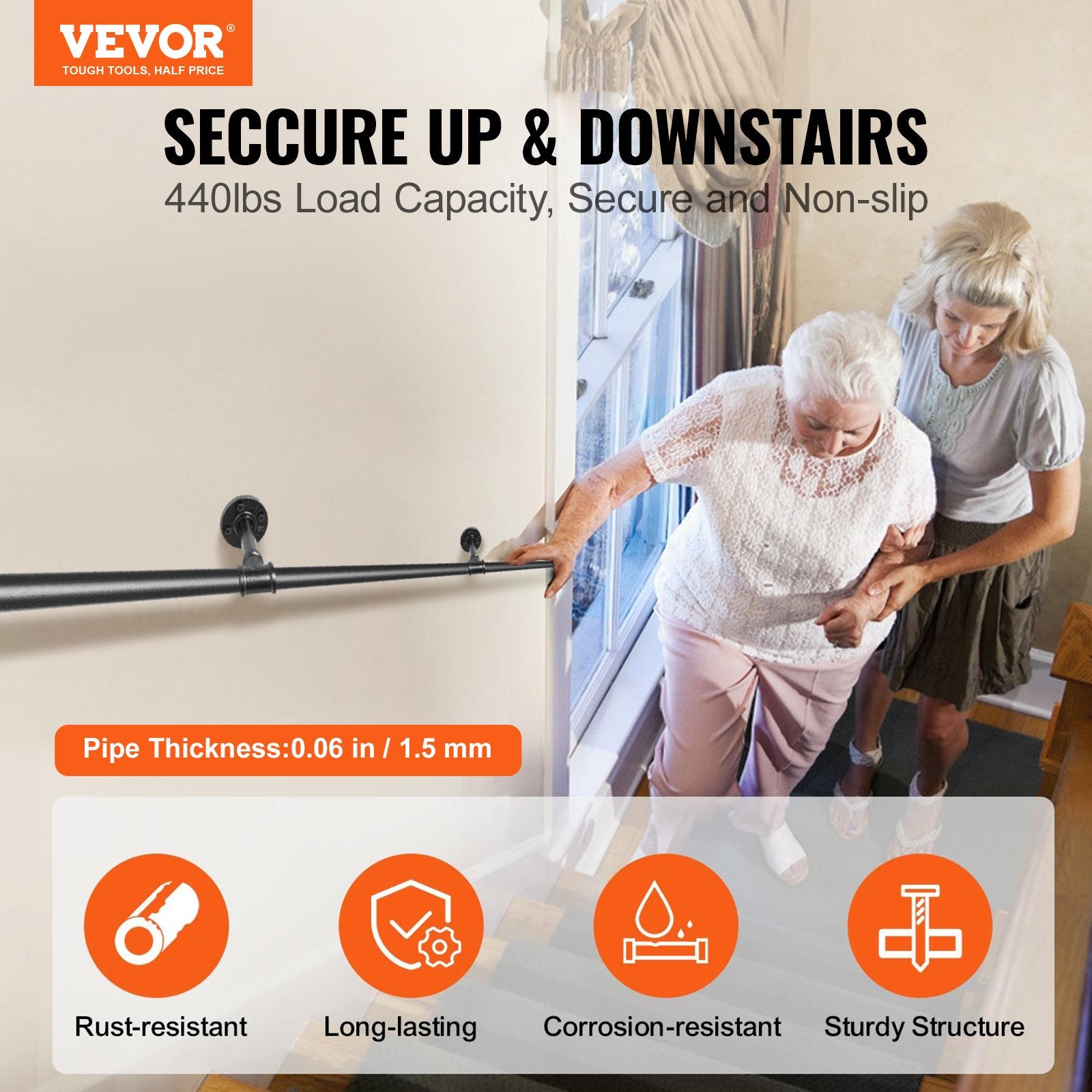 Pipe Stair Handrail, 3m Carbon Steel Wall-Mounted Handrail for Indoor Outdoor