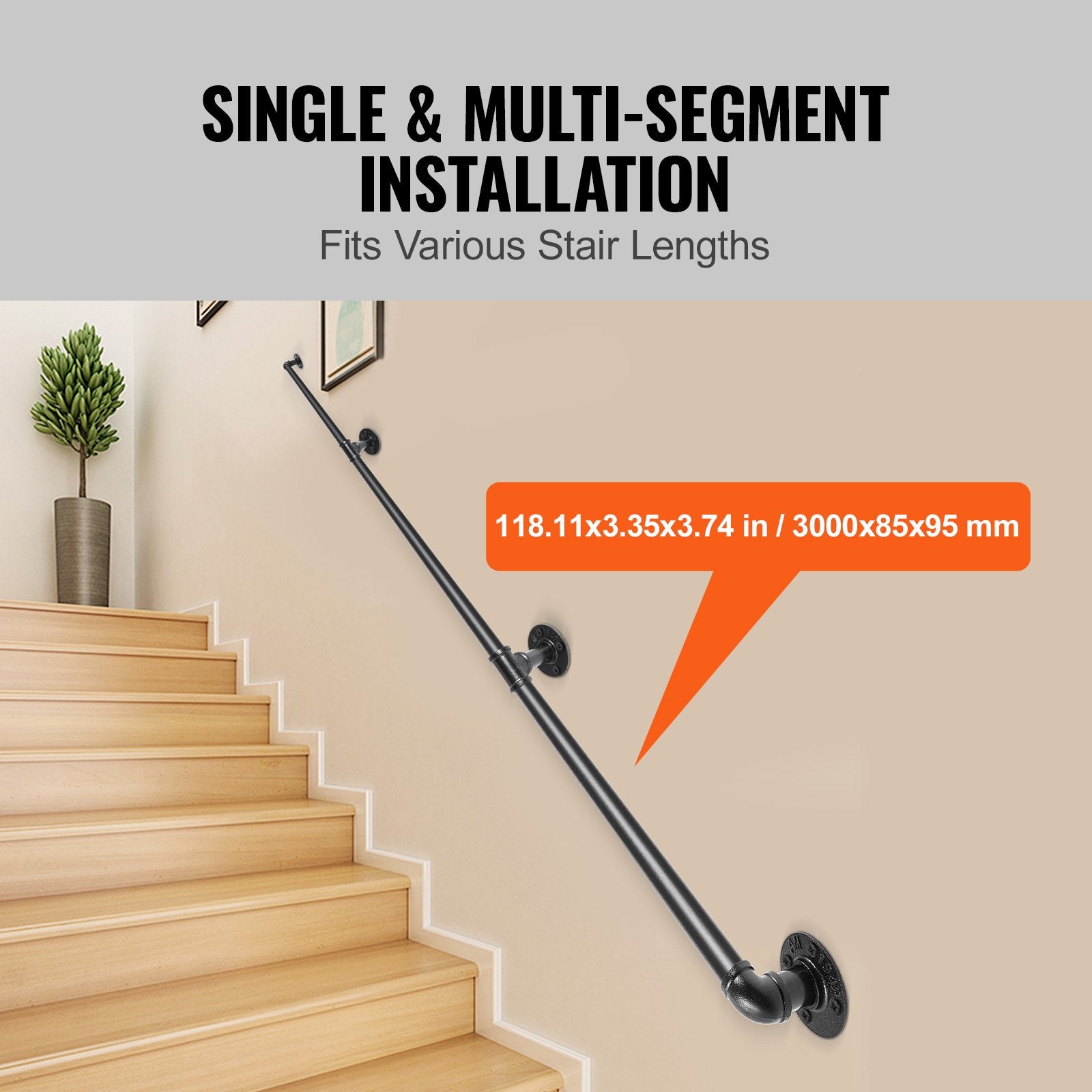 Pipe Stair Handrail, 3m Carbon Steel Wall-Mounted Handrail for Indoor Outdoor