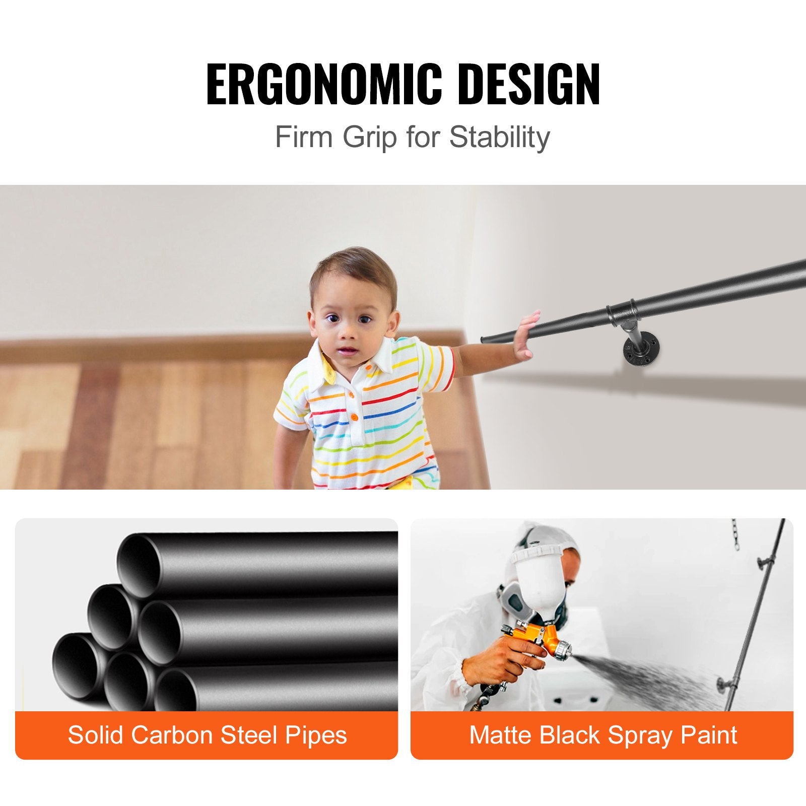 Pipe Stair Handrail, 3m Carbon Steel Wall-Mounted Handrail for Indoor Outdoor