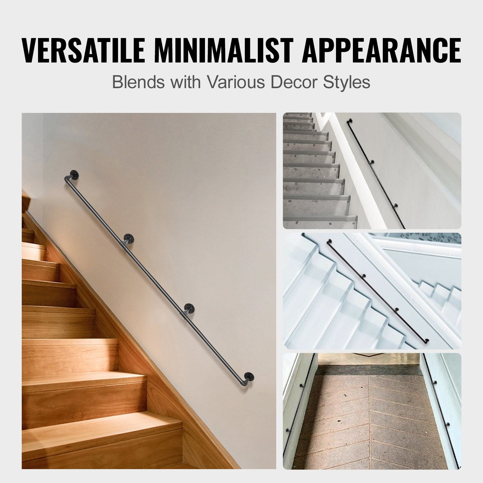 Pipe Stair Handrail, 3m Carbon Steel Wall-Mounted Handrail for Indoor Outdoor