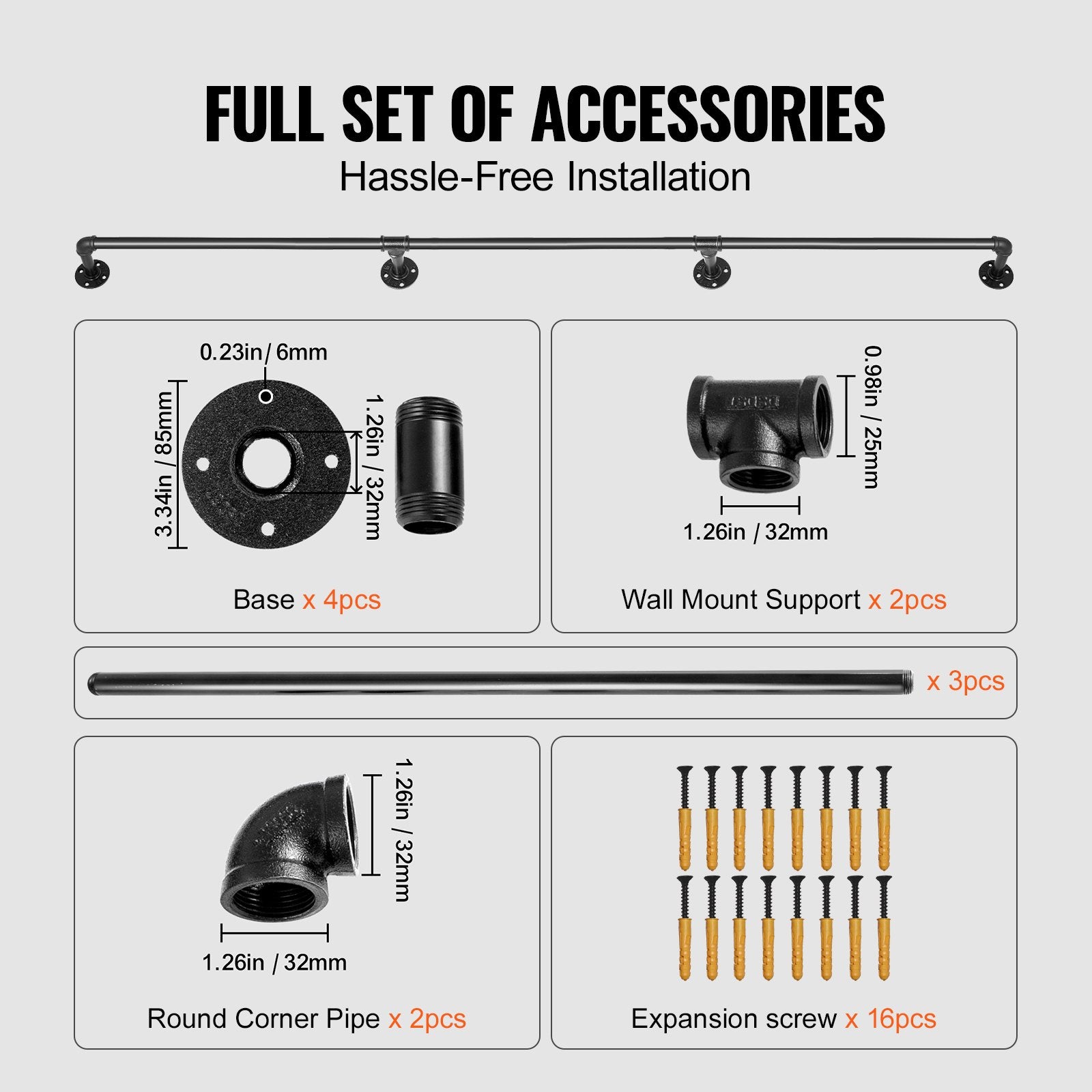 11FT Industrial Pipe Stair Handrail Carbon Steel Wall Mount 440LBS Load