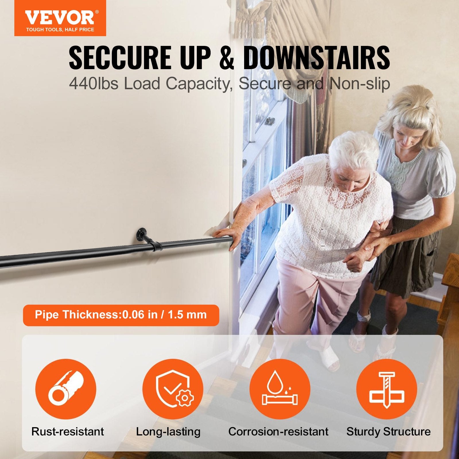 Pipe Stair Handrail, 1.8m Carbon Steel Wall-Mounted Handrail, Indoor Outdoor