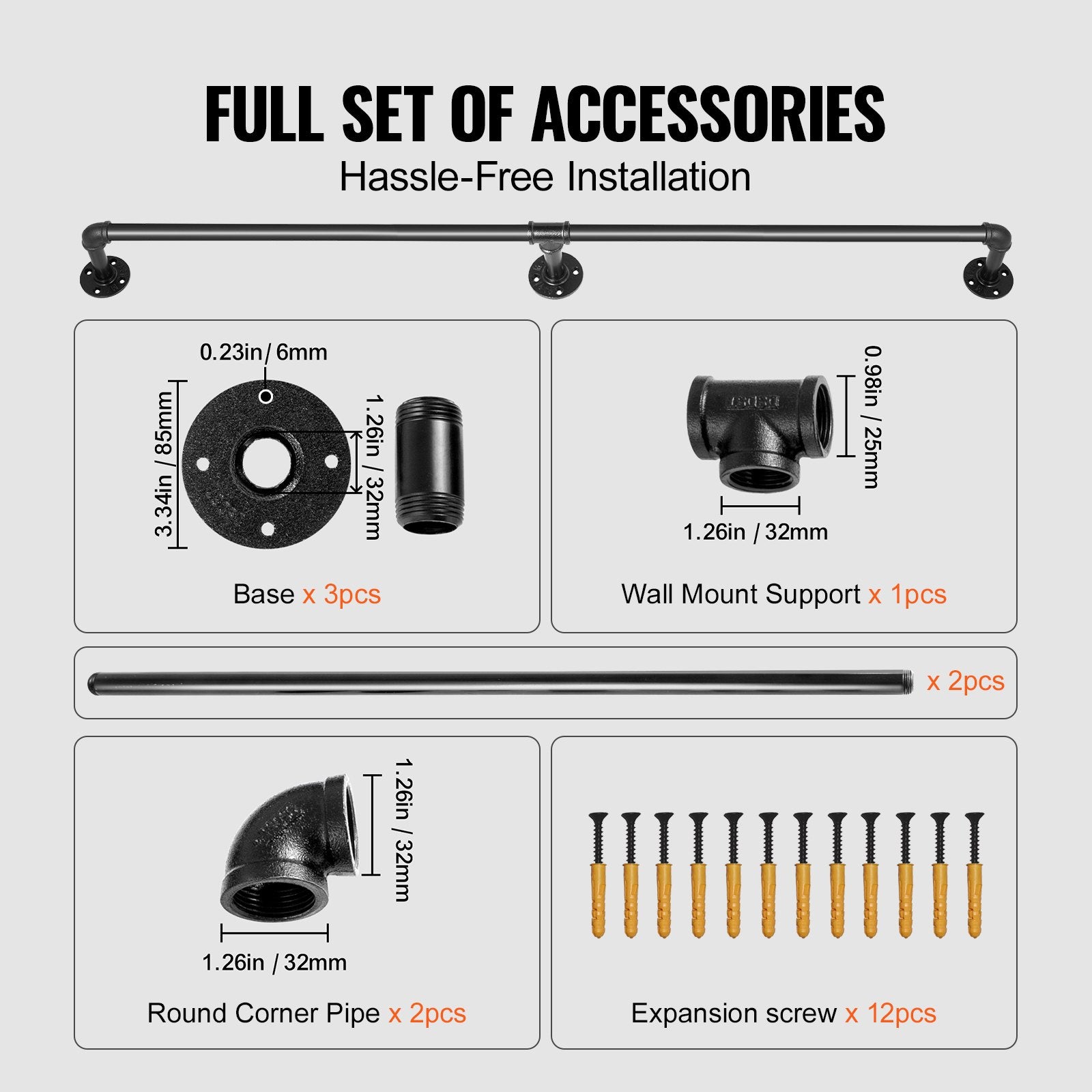 Pipe Stair Handrail, 1.8m Carbon Steel Wall-Mounted Handrail, Indoor Outdoor