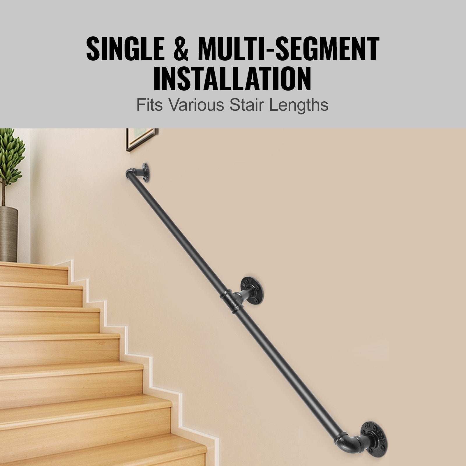 Pipe Stair Handrail, 1.8m Carbon Steel Wall-Mounted Handrail, Indoor Outdoor