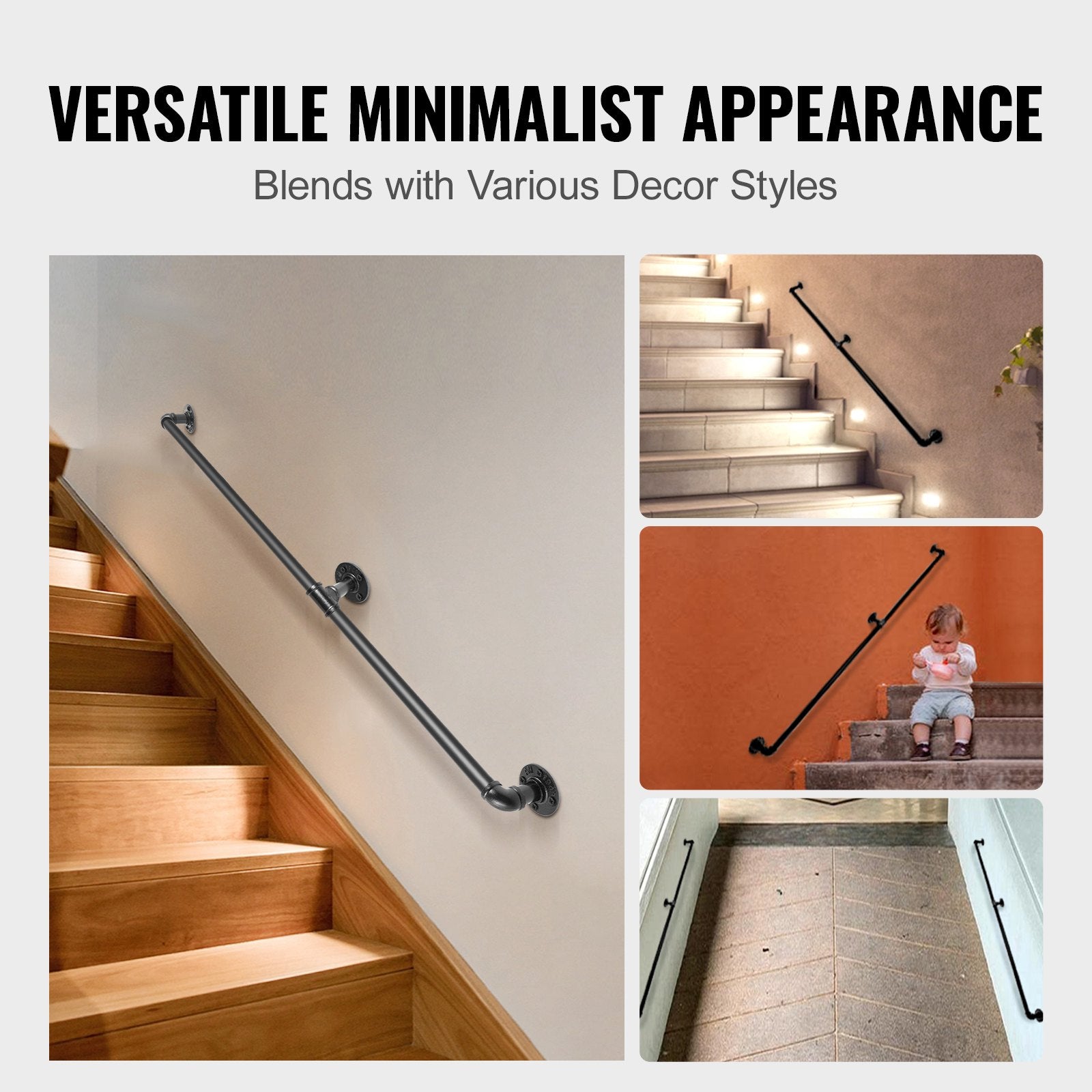 Pipe Stair Handrail, 1.8m Carbon Steel Wall-Mounted Handrail, Indoor Outdoor