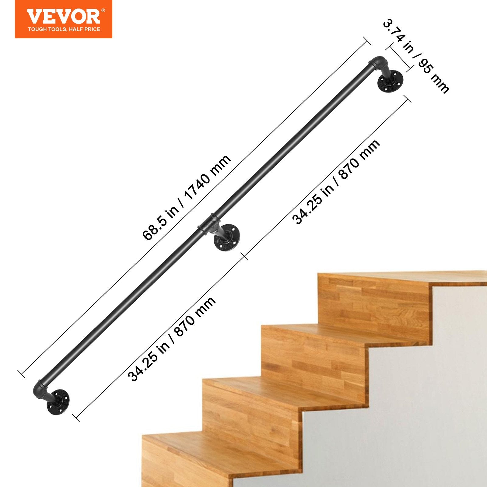 Pipe Stair Handrail, 1.8m Carbon Steel Wall-Mounted Handrail, Indoor Outdoor