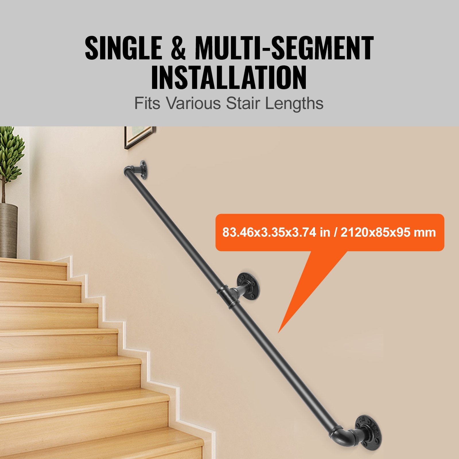 7FT Industrial Pipe Stair Handrail Carbon Steel Wall Mount 440LBS Load