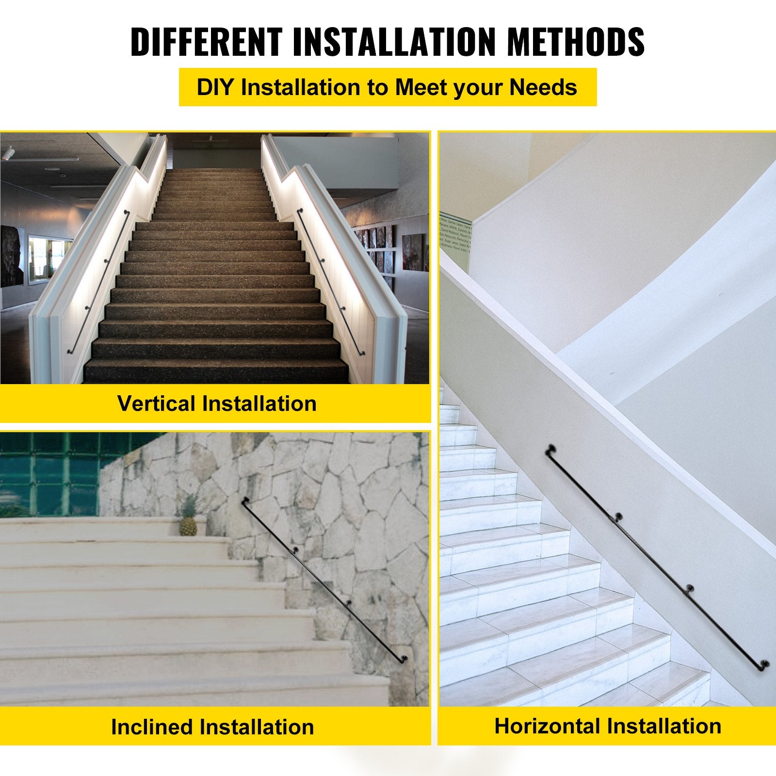 9FT Industrial Pipe Stair Handrail Carbon Steel Wall Mount 440LBS Load