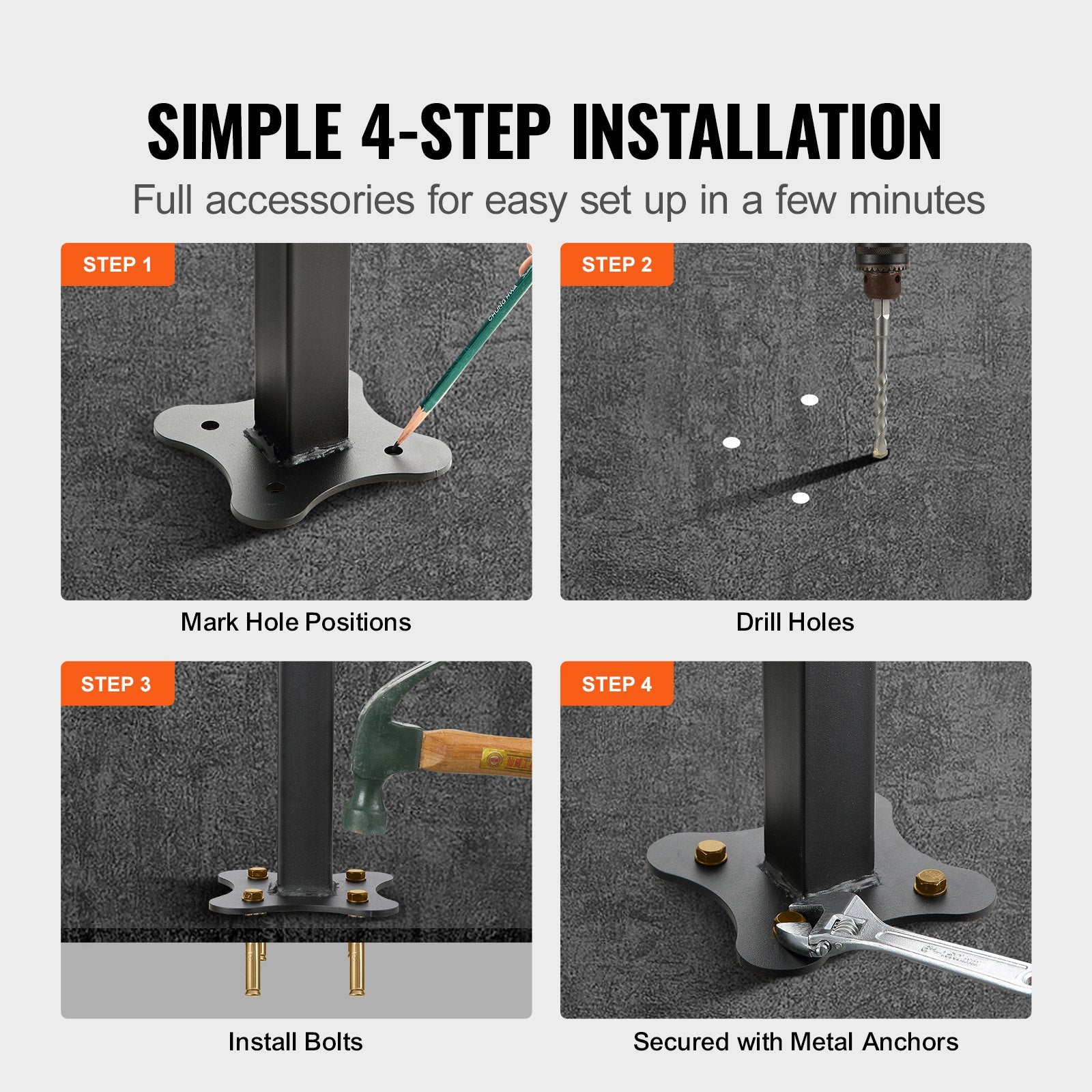 Iron Handrail Stair Railing Hand Rail Kit 1-4 Steps Outdoor Black w/ Bars